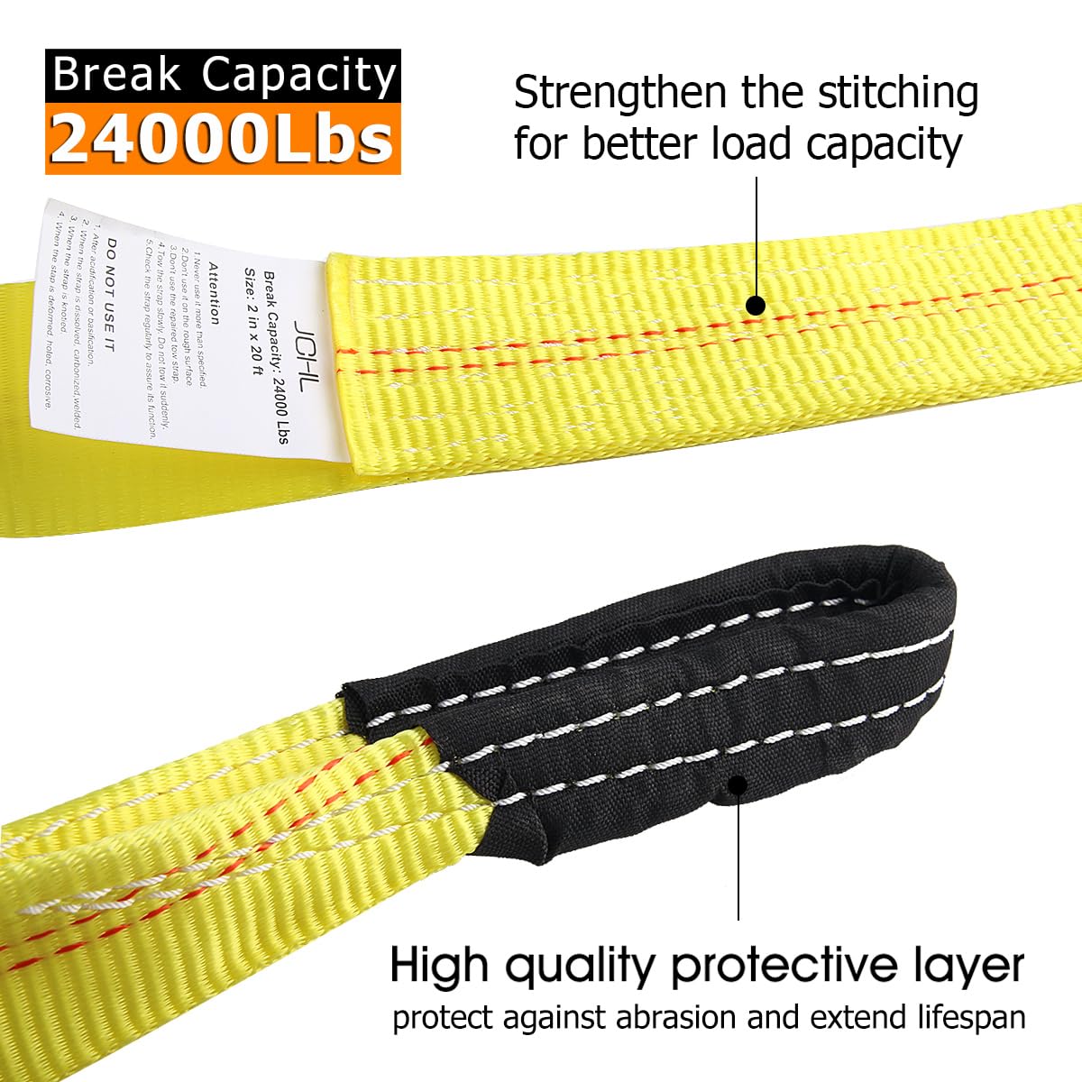 Jchl Recovery Tow Strap With Reinforced Loops 2Inx20Ft Heavy Duty 24,000Lb Break Strength Vehicle Recovery Rope Use For Emergenc