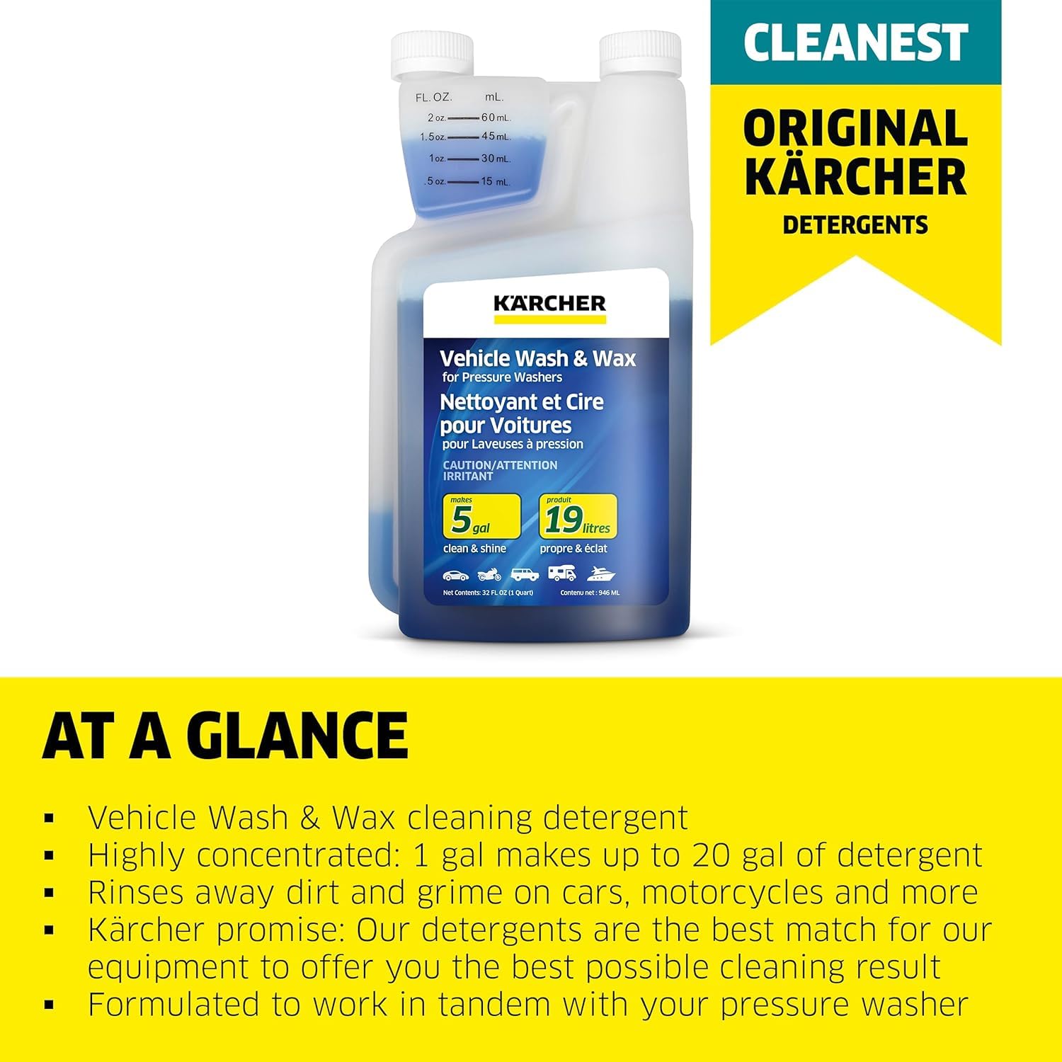 Kärcher Vehicle Wash And Wax, Pressure Washer Detergent - Pressure Washer Soap For Cars, Bikes, Trucks, Boats And More - 1 Quart