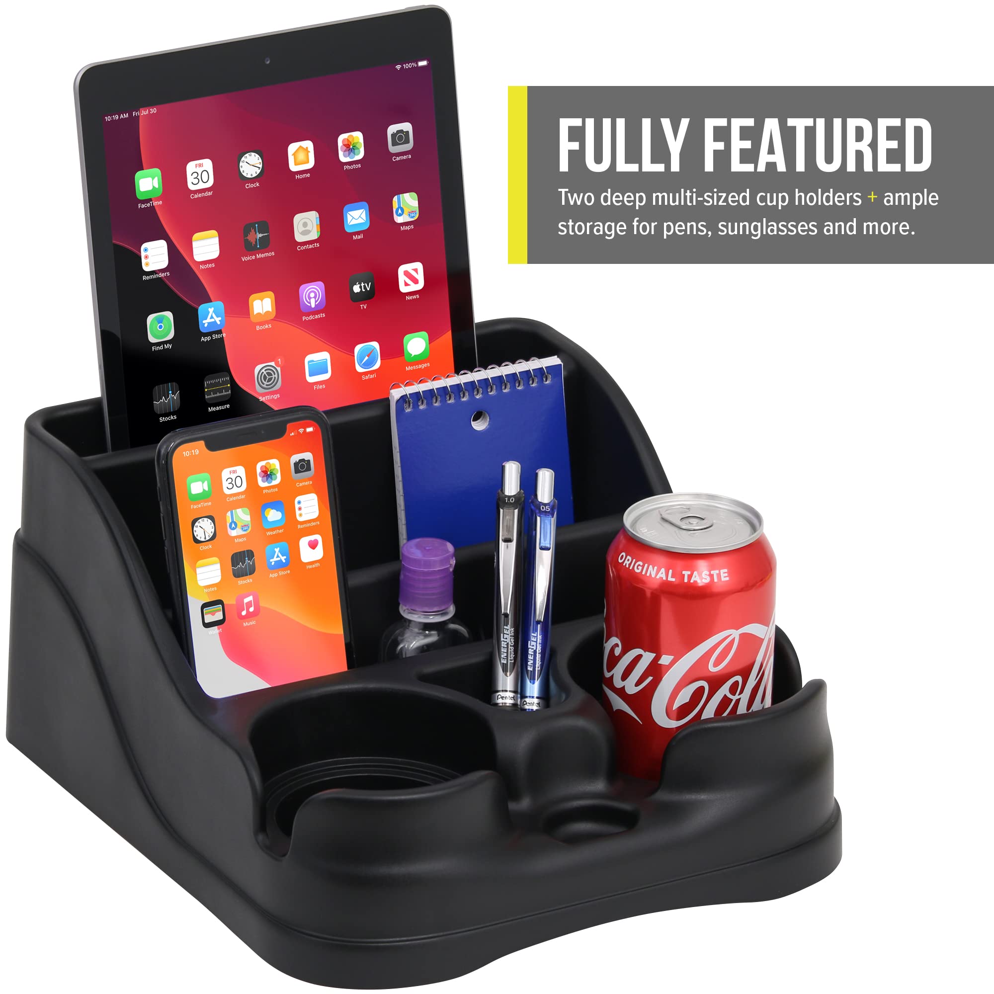 Moblorg Small Black Center Console Organizer for Cars, Trucks, Minivans & SUVs - Recycled Plastic, Cup Holders, Made in USA