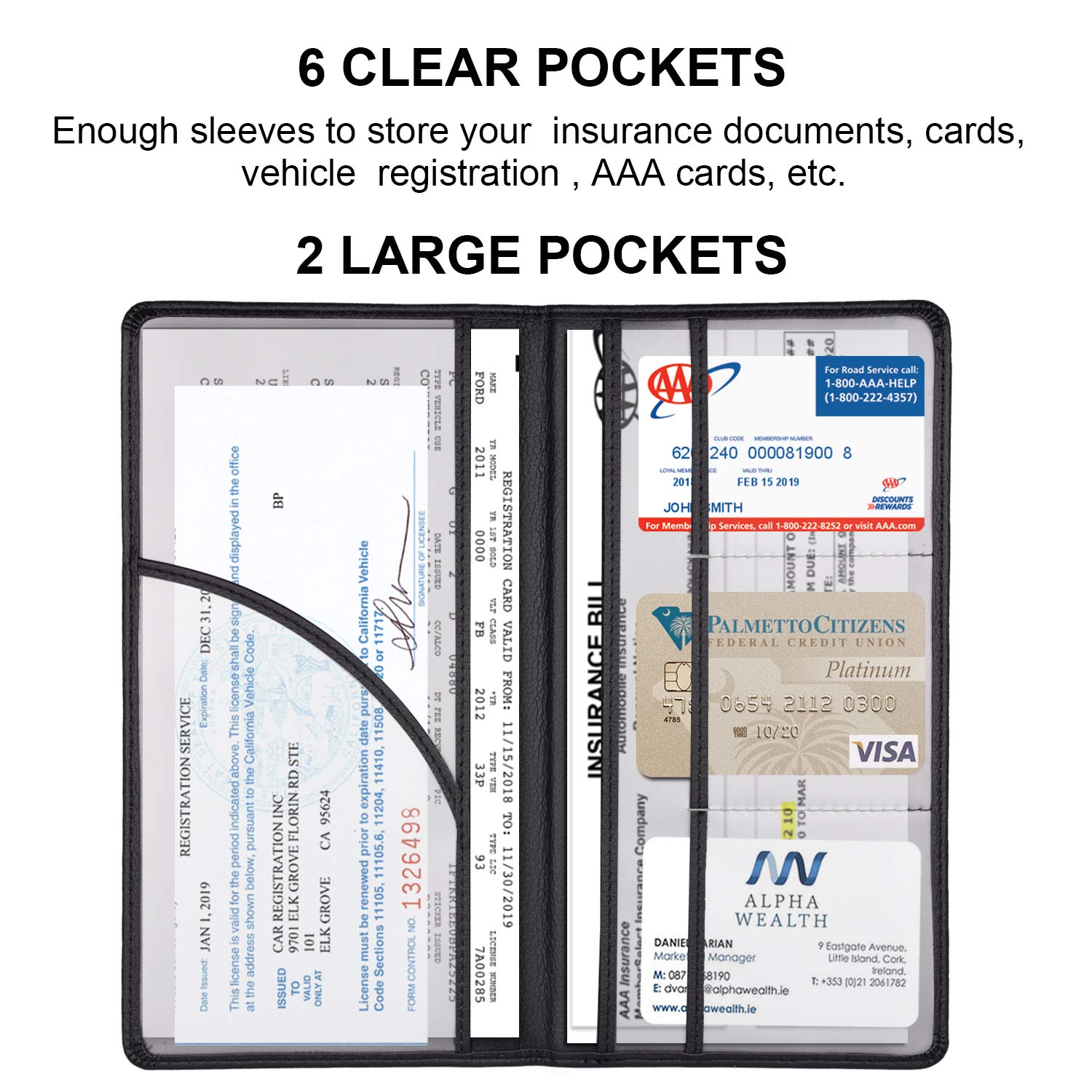 Cacturism Black Car Registration and Insurance Holder - Vehicle Glove Box Organizer with Magnetic Closure for Documents and Cards