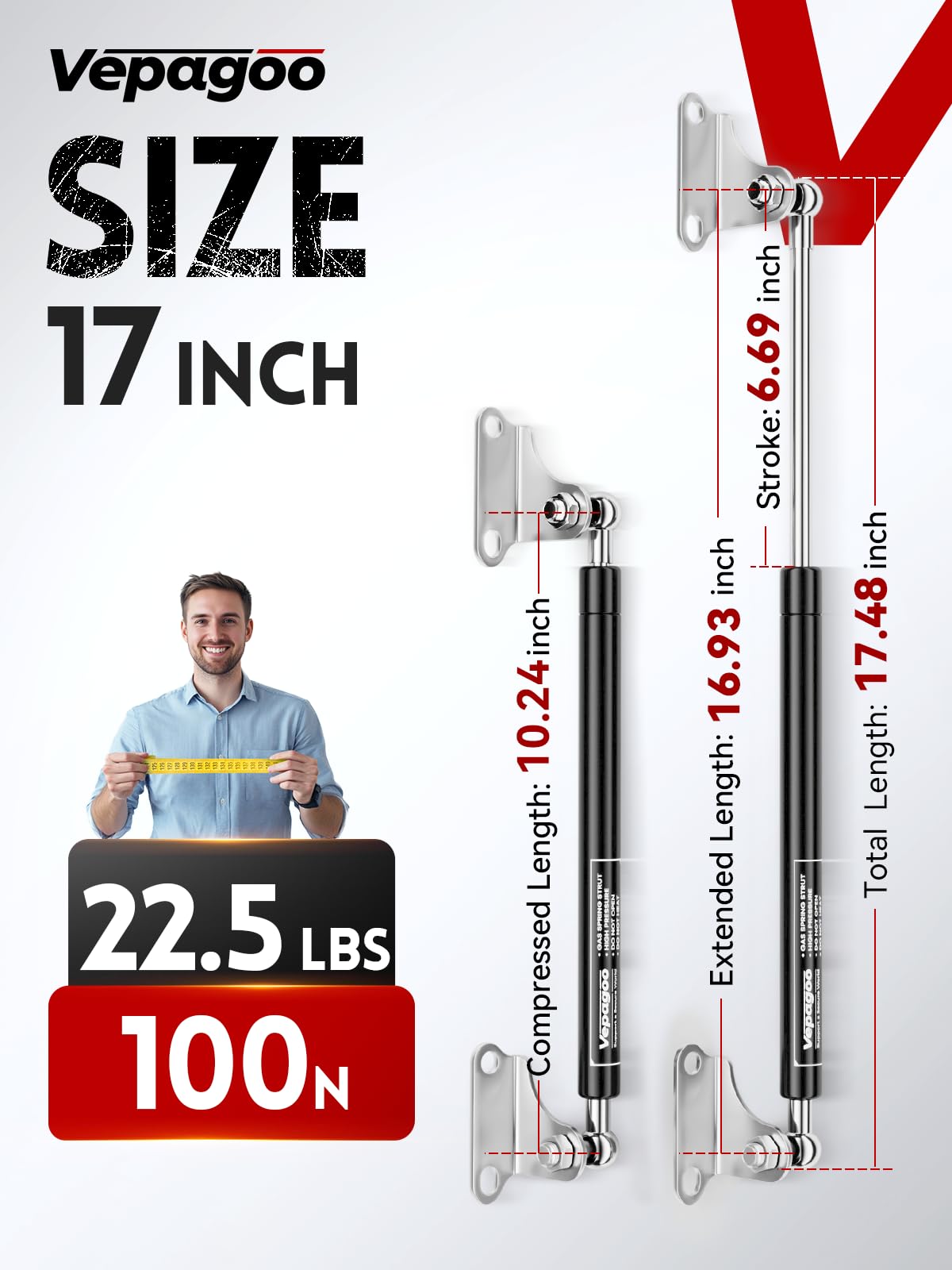 Vepagoo Gas Struts 17 Inch 22.5Lb/100N Shock With Mounting Brackets, Lift Supports For Tool Box Boat Hatch Rv Bed Cabinet Cover