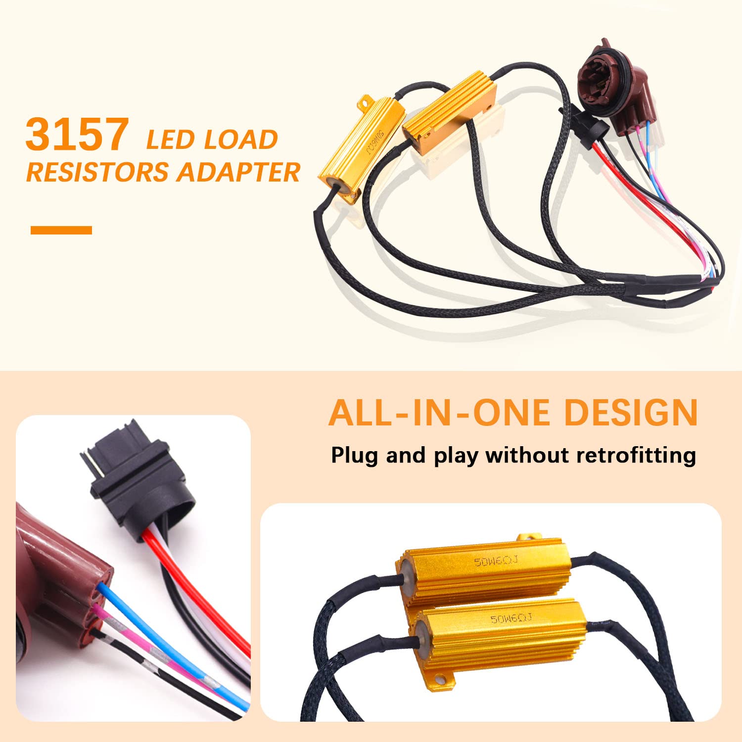mankk 2Pcs 3157 3057 4157 LED Resistor Kit, 50W 6 Ohm Turn Signal Bulb Relay Harness Resistor Adapter Fix Flashing Error Code Wa