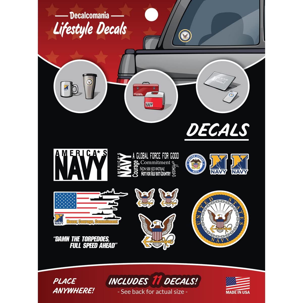 United States Navy - 11 Piece Usn Licensed Stickers For Car Truck Windows, Phones, Tablets, Laptops - Large Military Decals From