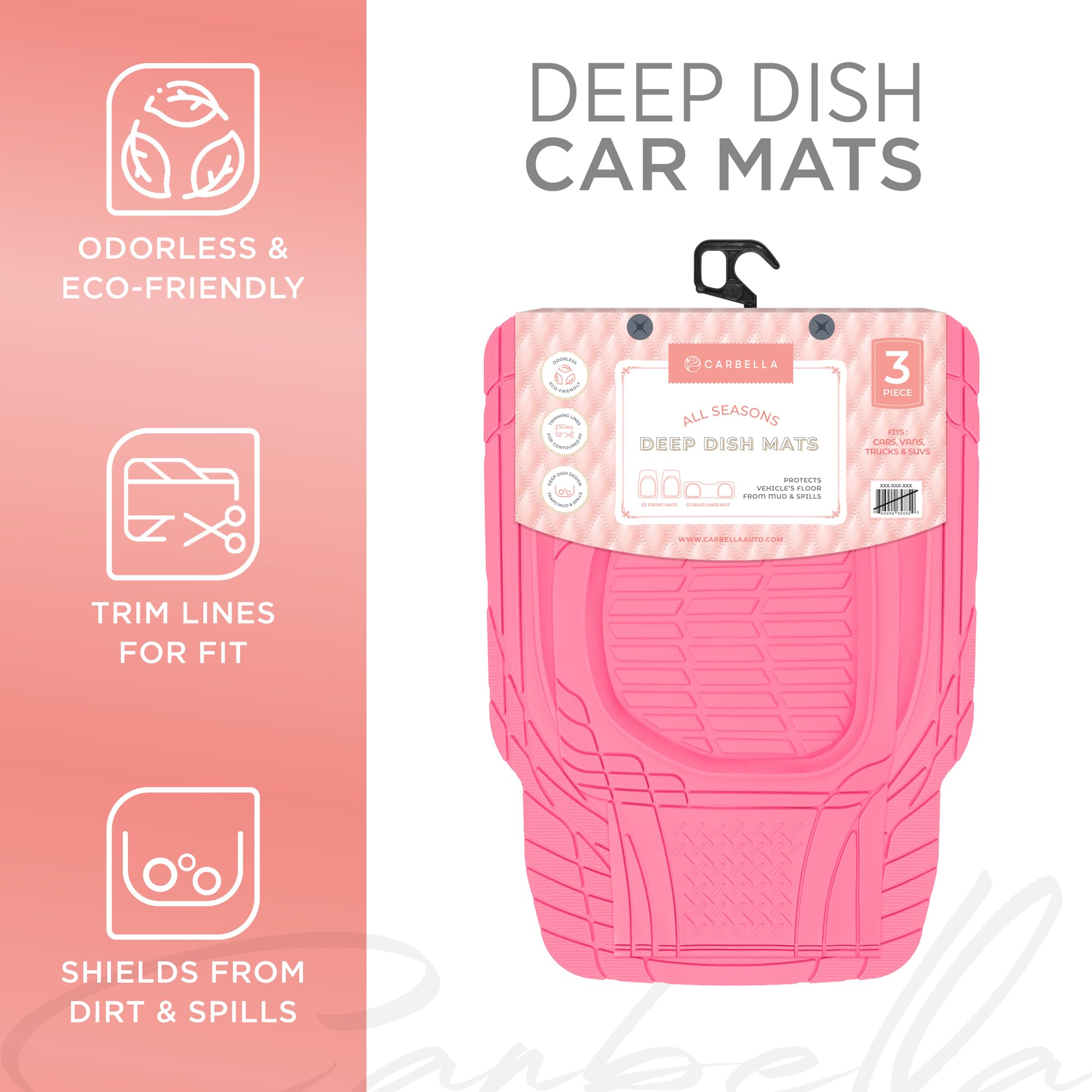 Carbella Rubber 4-Piece Pink Car Floor Mats - Universal Trim To Fit All Weather Pink Car Accessories - Girl Car Accessories For