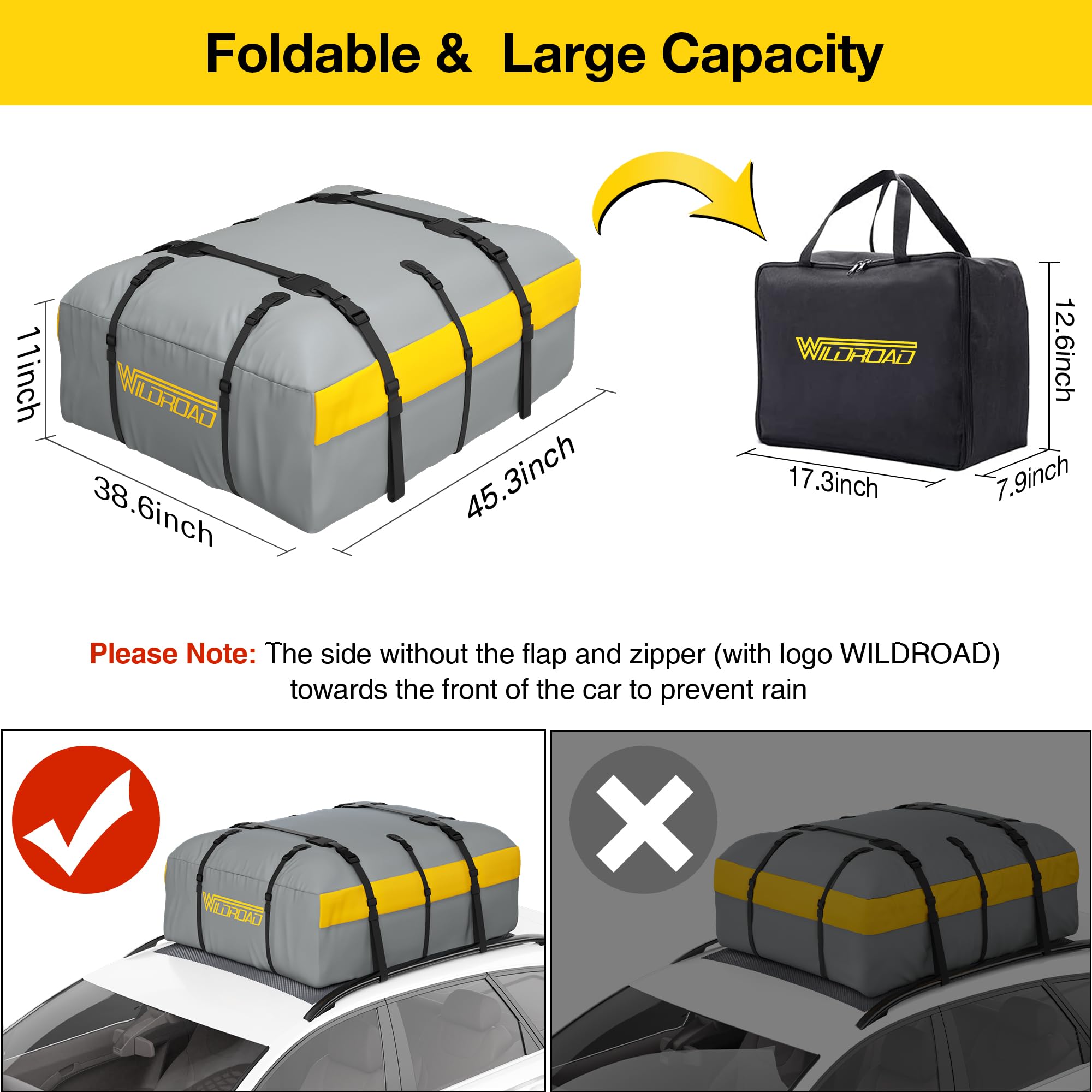 Wildroad Car Roof Bag Rooftop Cargo Carrier, 21 Cubic Feet Waterproof Roof Luggage Cargo Carrier Bag With Anti-Slip Mat For All Cars Vehicles Suv With/Without Rack (21 Cubic Feet)