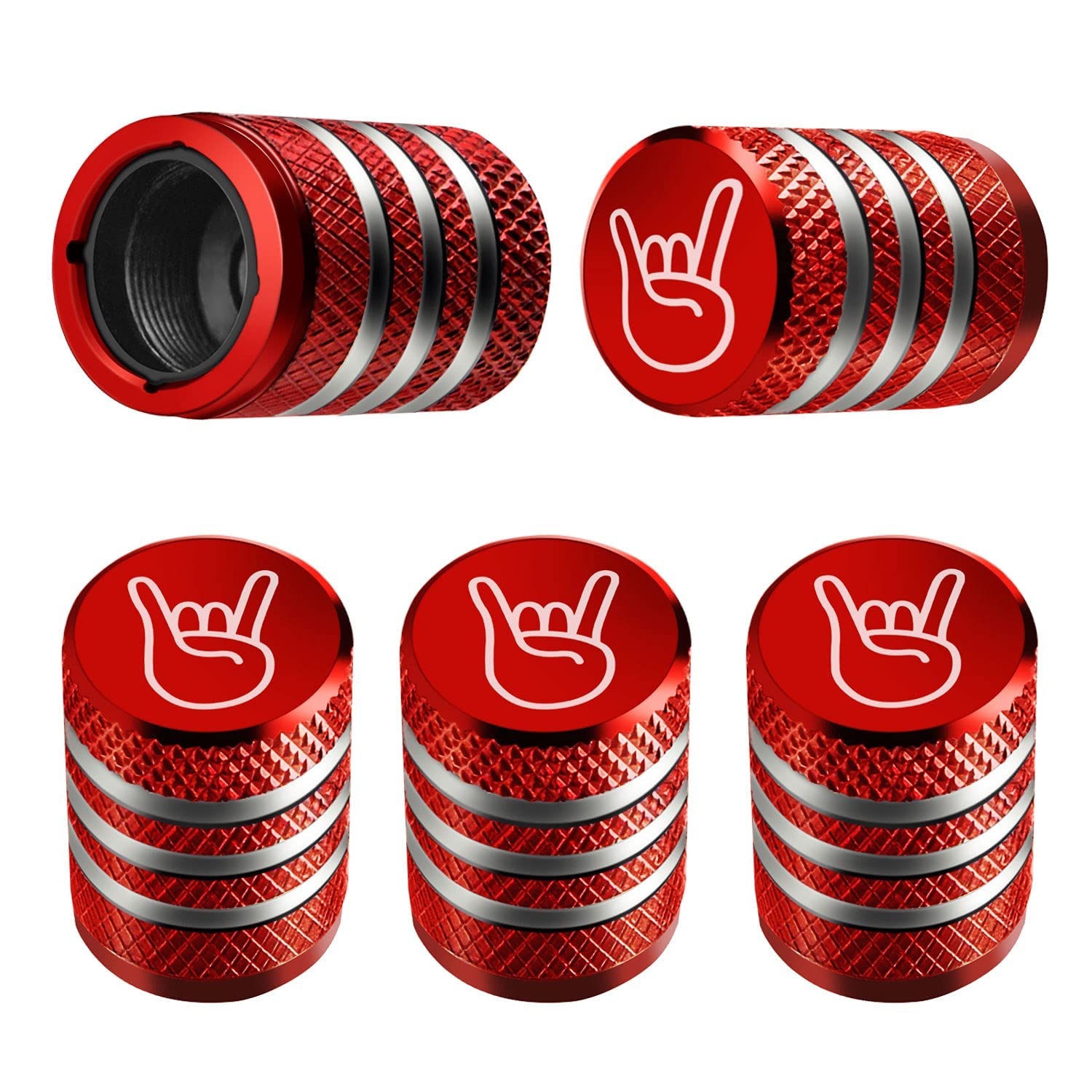Tire Valve Stem Cap Cover - (5 Pack) Tire Air Cap Metal With Plastic Liner Corrosion Resistant Leak-Proof Rock And Roll For Car Truck Motorcycle Bike Red