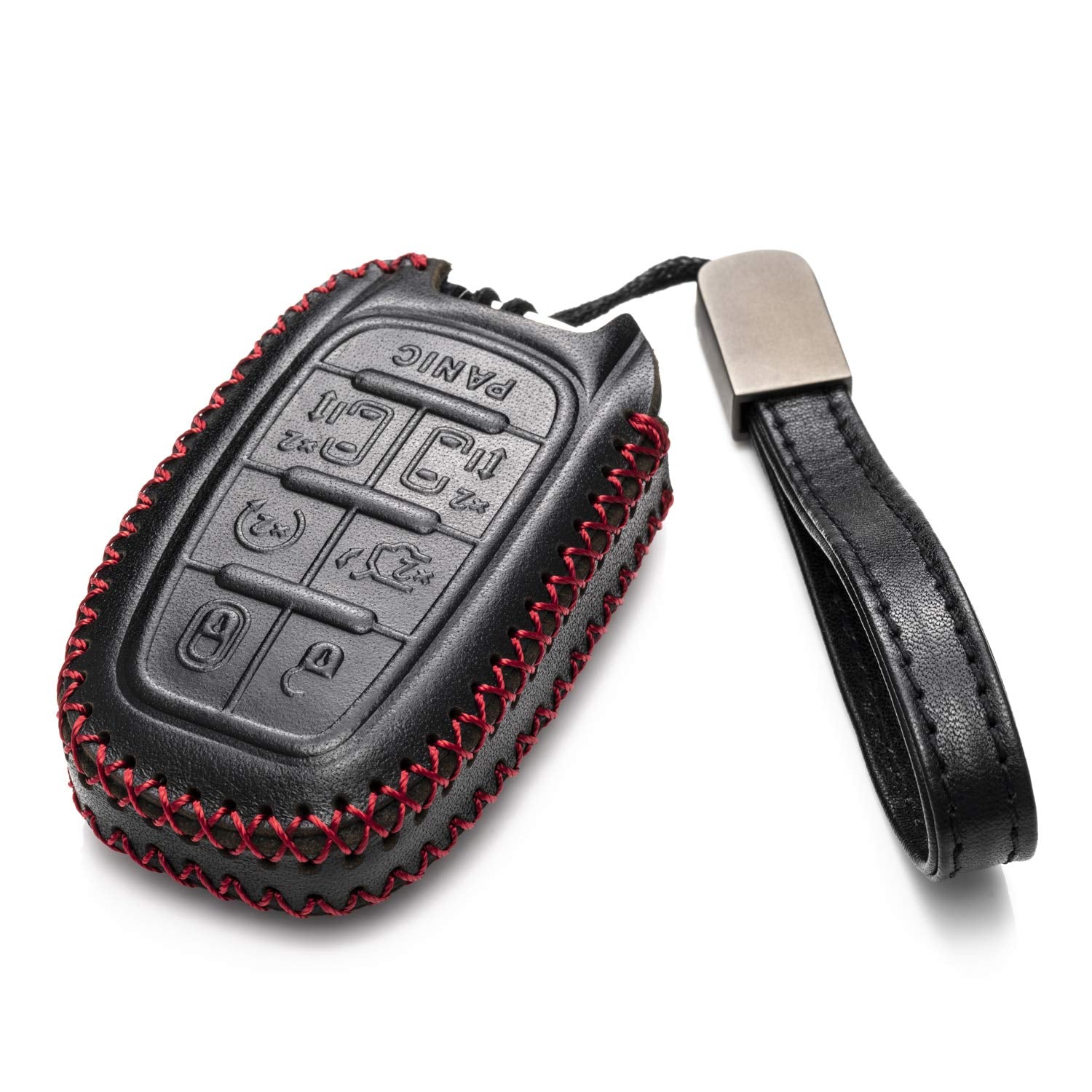 Vitodeco Genuine Leather Smart Key Fob Case Cover Protector with Leather Key Clap Compatible for Chrysler Pacifica 2017 - 2024 (7-Button, Black/Red)