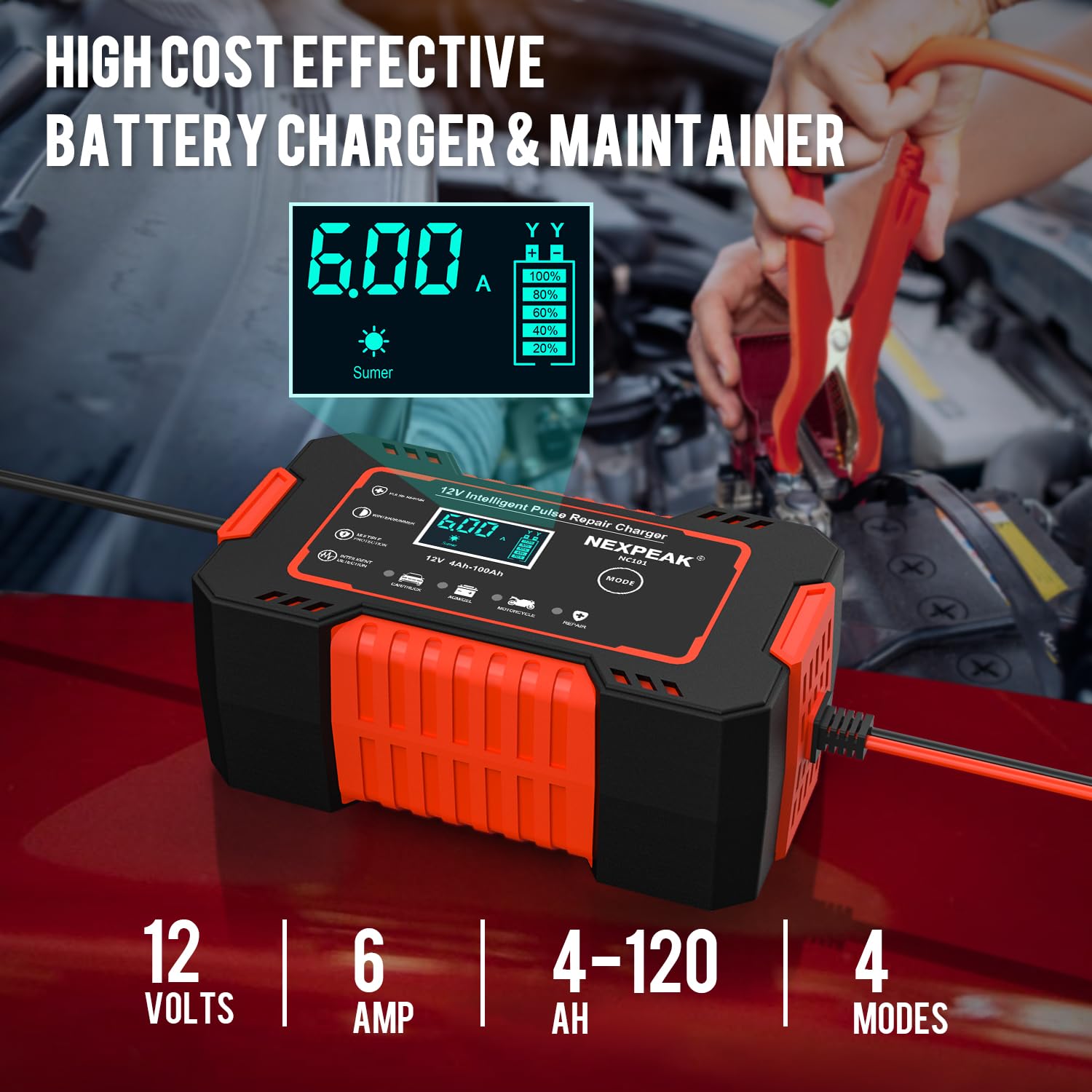Nexpeak Nc101 Car Battery Charger, Smart Battery Trickle Charger 12V 6A Automotive Battery Maintainer Desulfator With Temp Compensation For Car Truck Motorcycle Lawn Mower Marine Lead Acid Batteries
