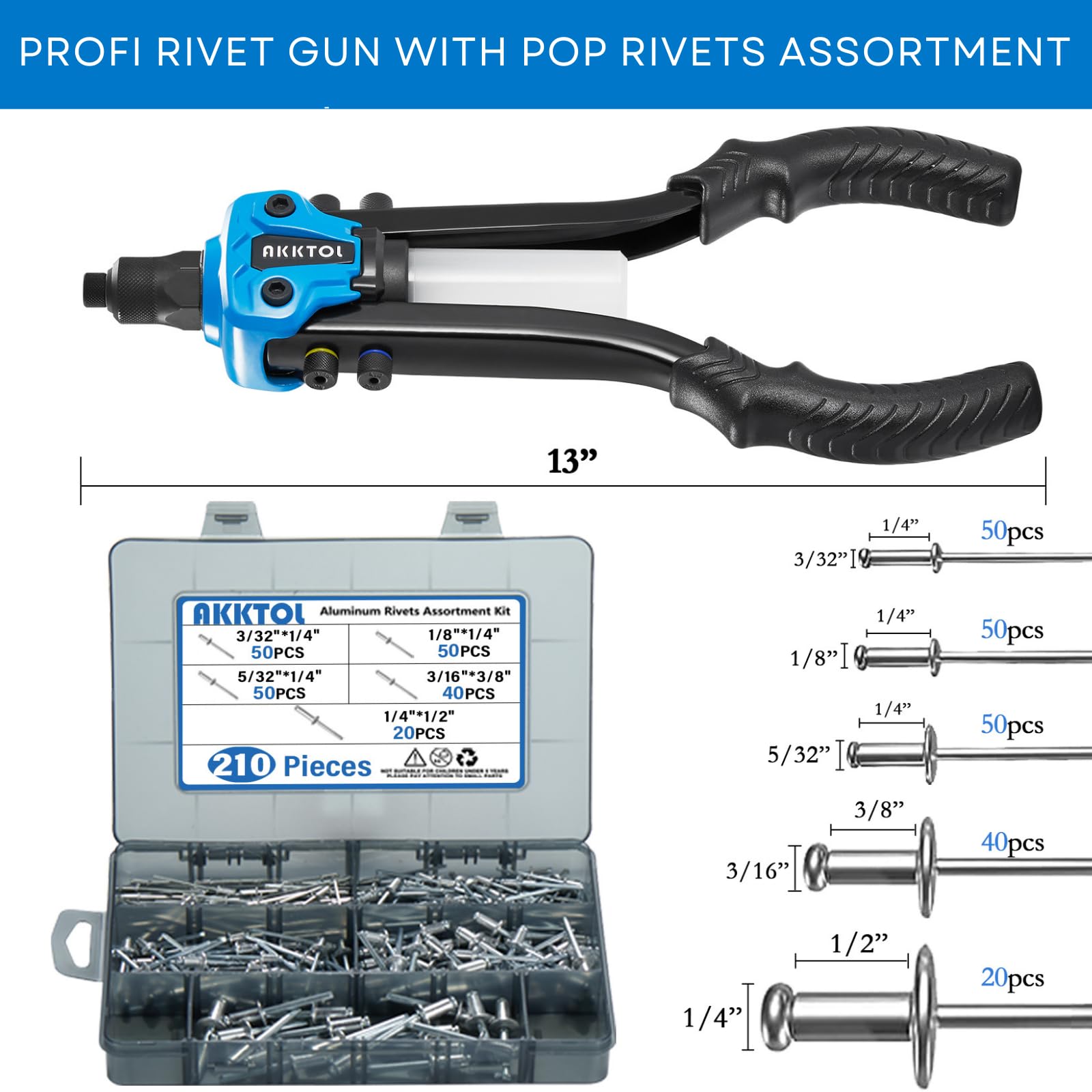 Akktol Rivet Gun Kit, 1/4 '' Pop Rivet Gun Kit With 210Pcs Blind Rivets, Heavy Duty 13 '' Rivet Gun Tool With 5 Nosepieces Incl.