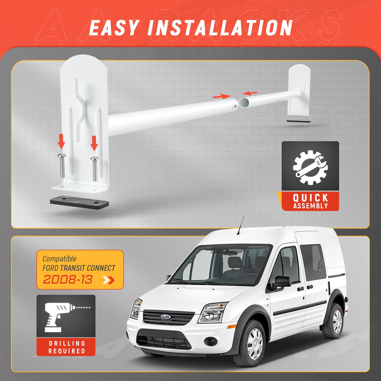 AA-Racks DX36 Steel 2-Bar Utility Ladder Rack for Ford Transit Connect 2008-13 - Matte White