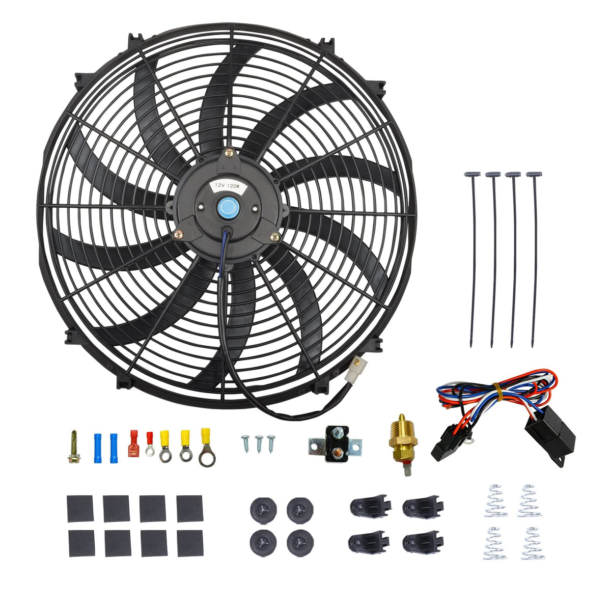 BATONECO 16'' Electric Radiator Cooling Fan Thermostat Wiring Switch Relay Kit, 12V Cooling Radiator Fan with 120W 1000 CFM Slim