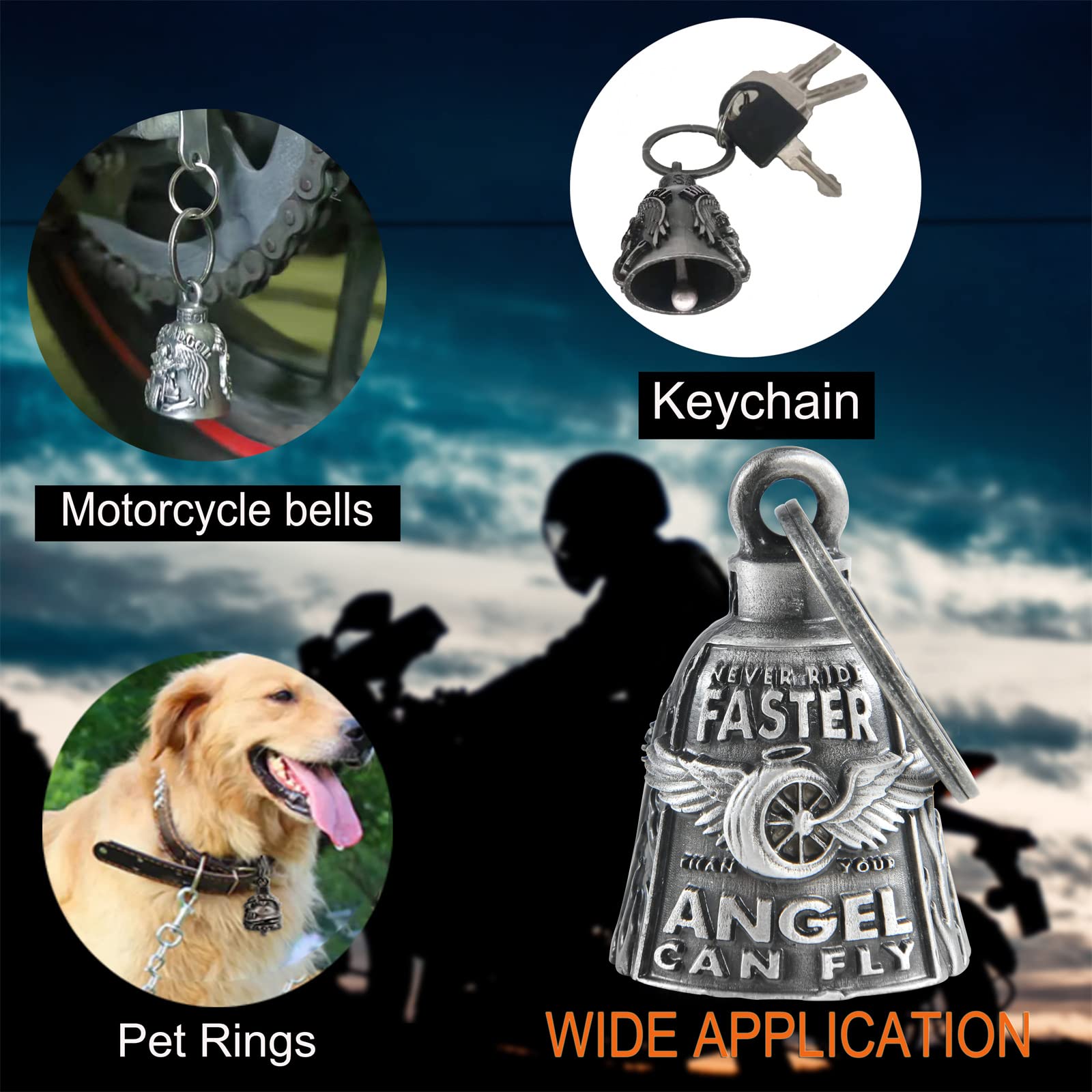 Motorcycle Bells For Bikers Guardian Angel Gremlin Bells For Motorcycle Rider Key Chain For Luck (Never Rider Faster Than Your A
