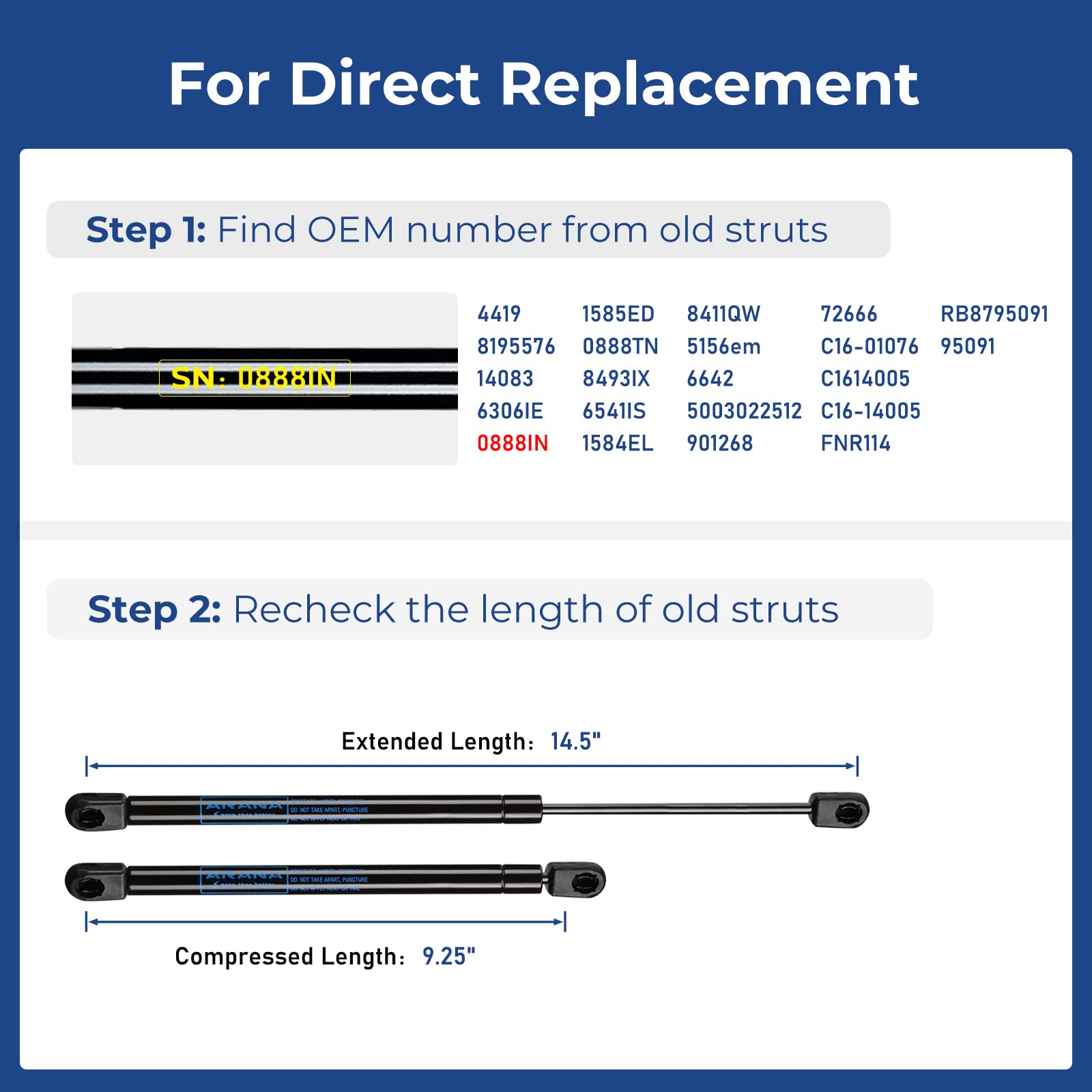Arana Gas Struts Lift Support 15 Inch 35 Lbs, 4419 Gas Shocks Lift Lid, 15 '' Gas Springs For Boat Hatch Toolbox Snugtop Camper
