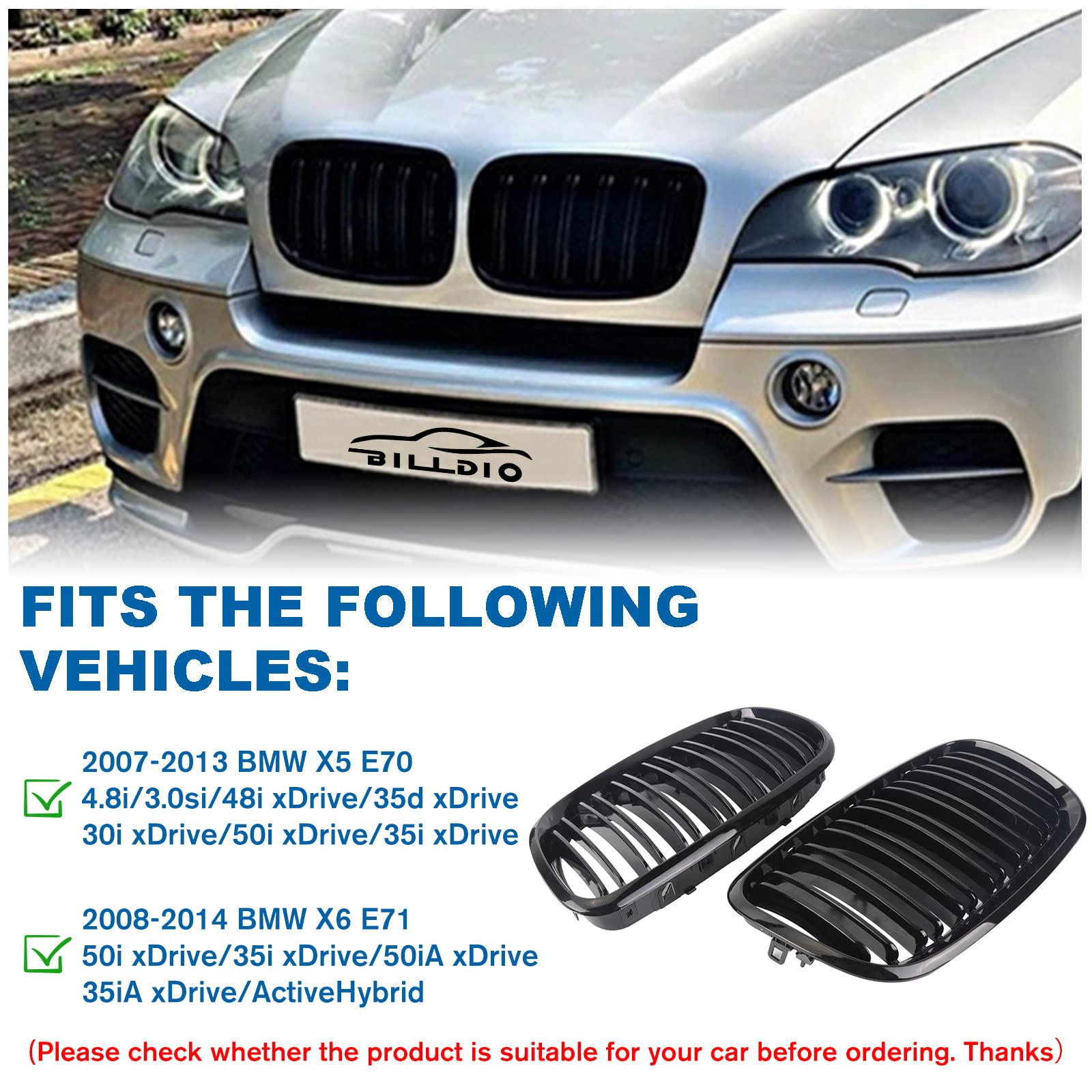 BILLDIO Front Bumper Kidney Grille Grill Glossy Black Compatible with 2007-2014 BMW X5 E70 X6 E71 Dual Slat Double Line