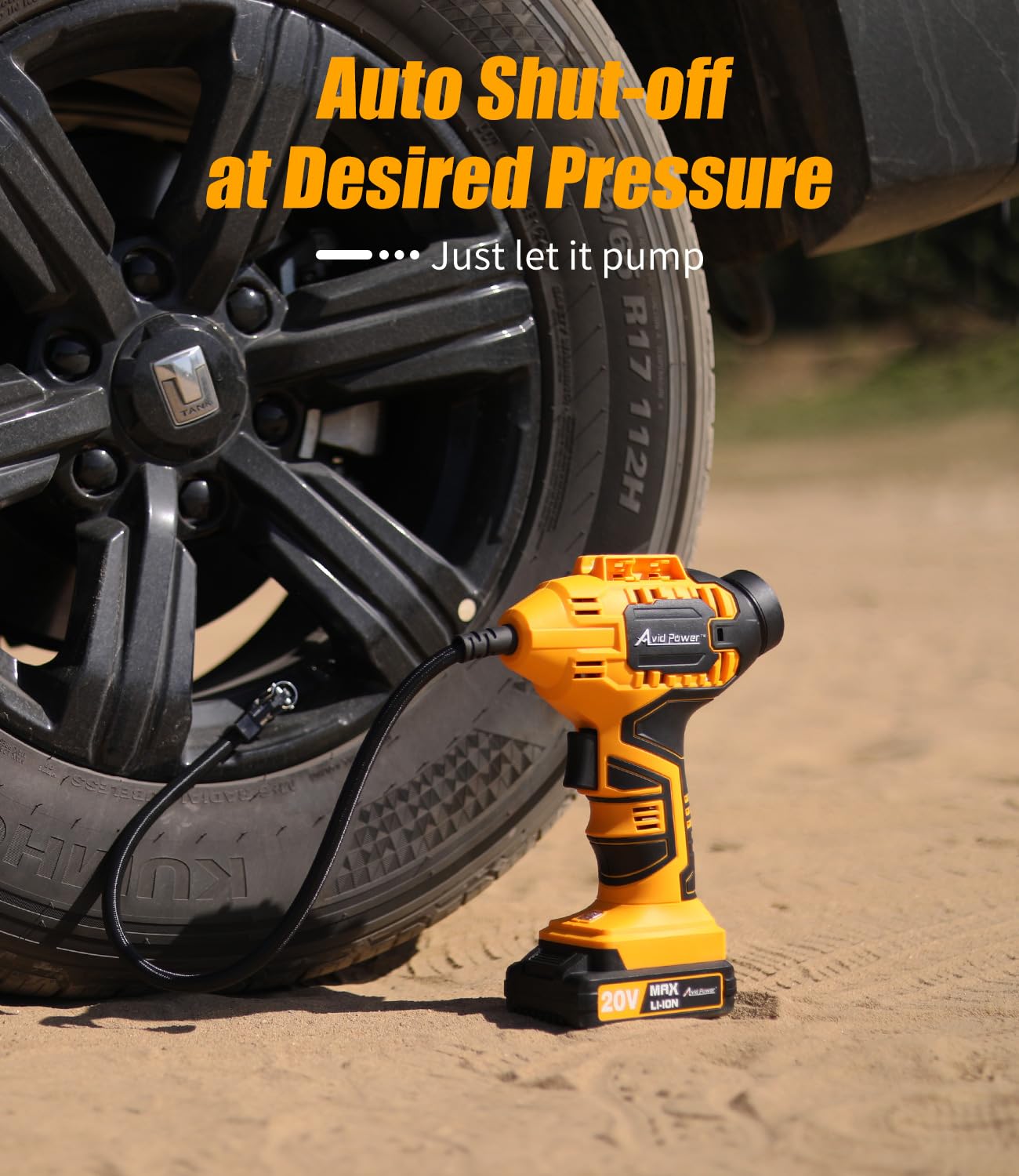 Avid Power Tire Inflator Portable Air Compressor, 20V Cordless Car Tire Pump With Rechargeable Li-Ion Battery, 12V Dc Adapter, D