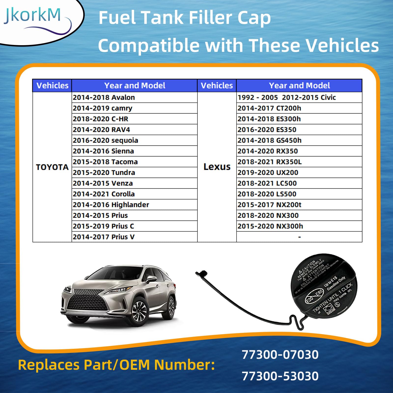 Jkorkm Fuel Tank Filler Cap,Gas Cap Replace 77300-07030 Compatible With Toyota 2015 Venza 2015-2016 Highlander Sienna 2015-2017