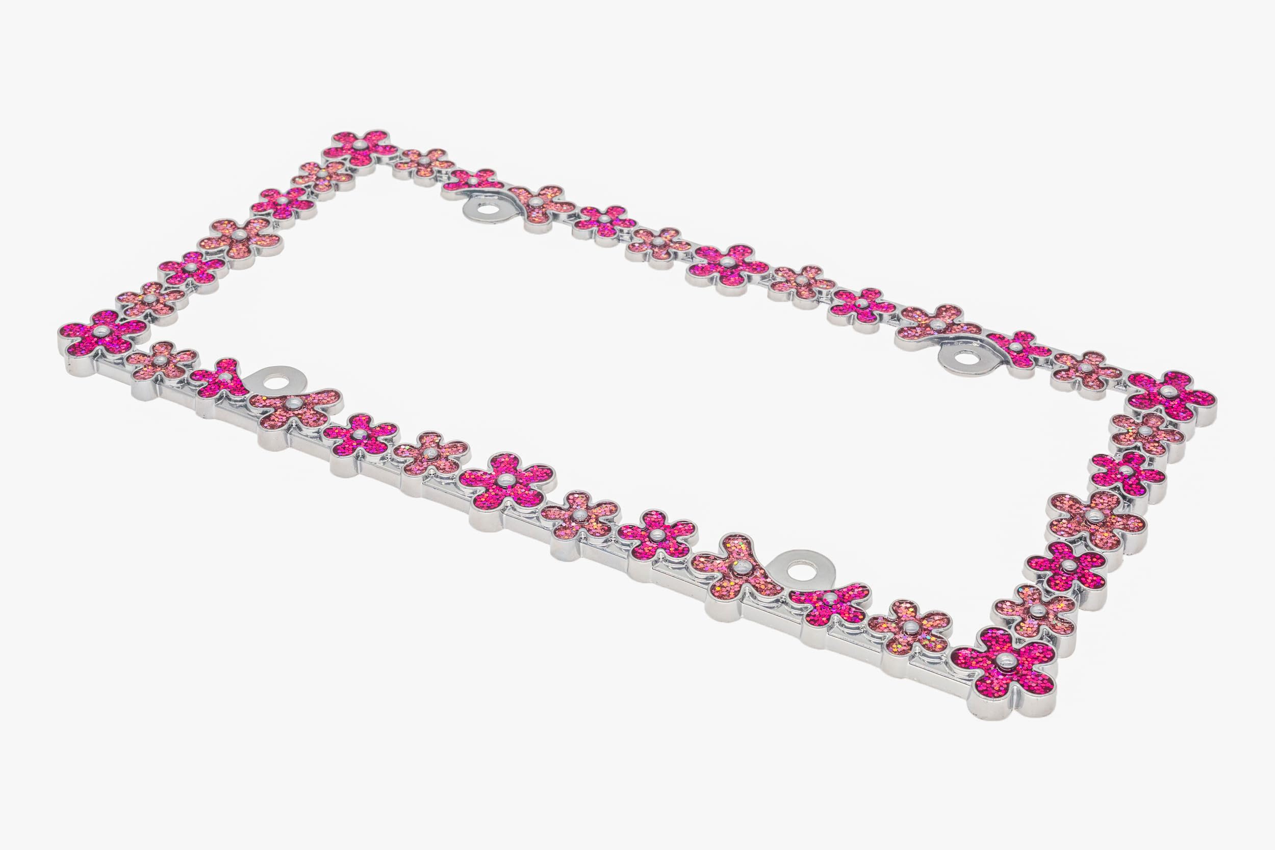 Creathome 3D Shining Daisy Wrenth License Plate Frame From Pure Zinc Alloy Metal Perfect Plate Holder, Chrome With Pink Glitter