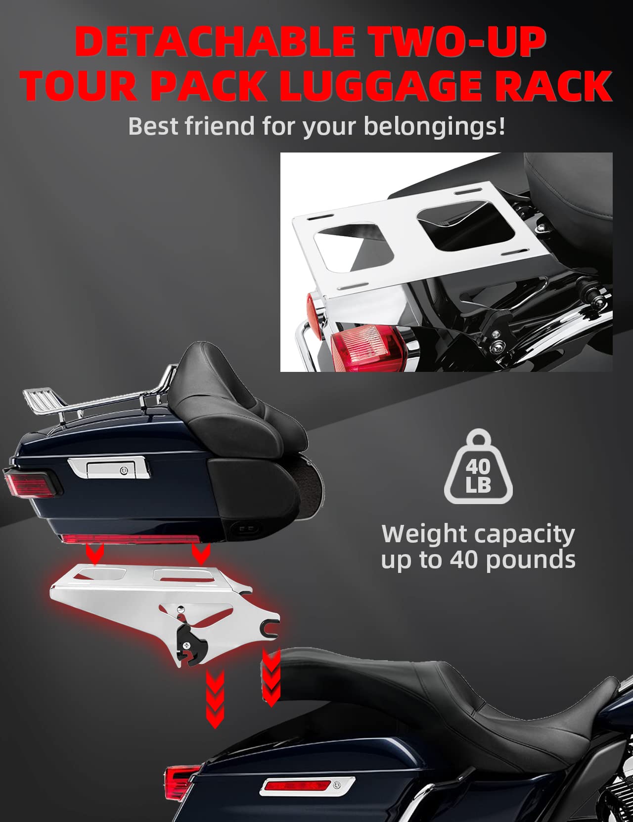 Amazicha Tour Pack Mounting Rack Luggage Rack Chrome Detachable 2 Two Up Tour Pack Bracket Compatible For Harley Davidson Touring Street Glide/Electra Glide/Road Glide/Road King 2014-Later