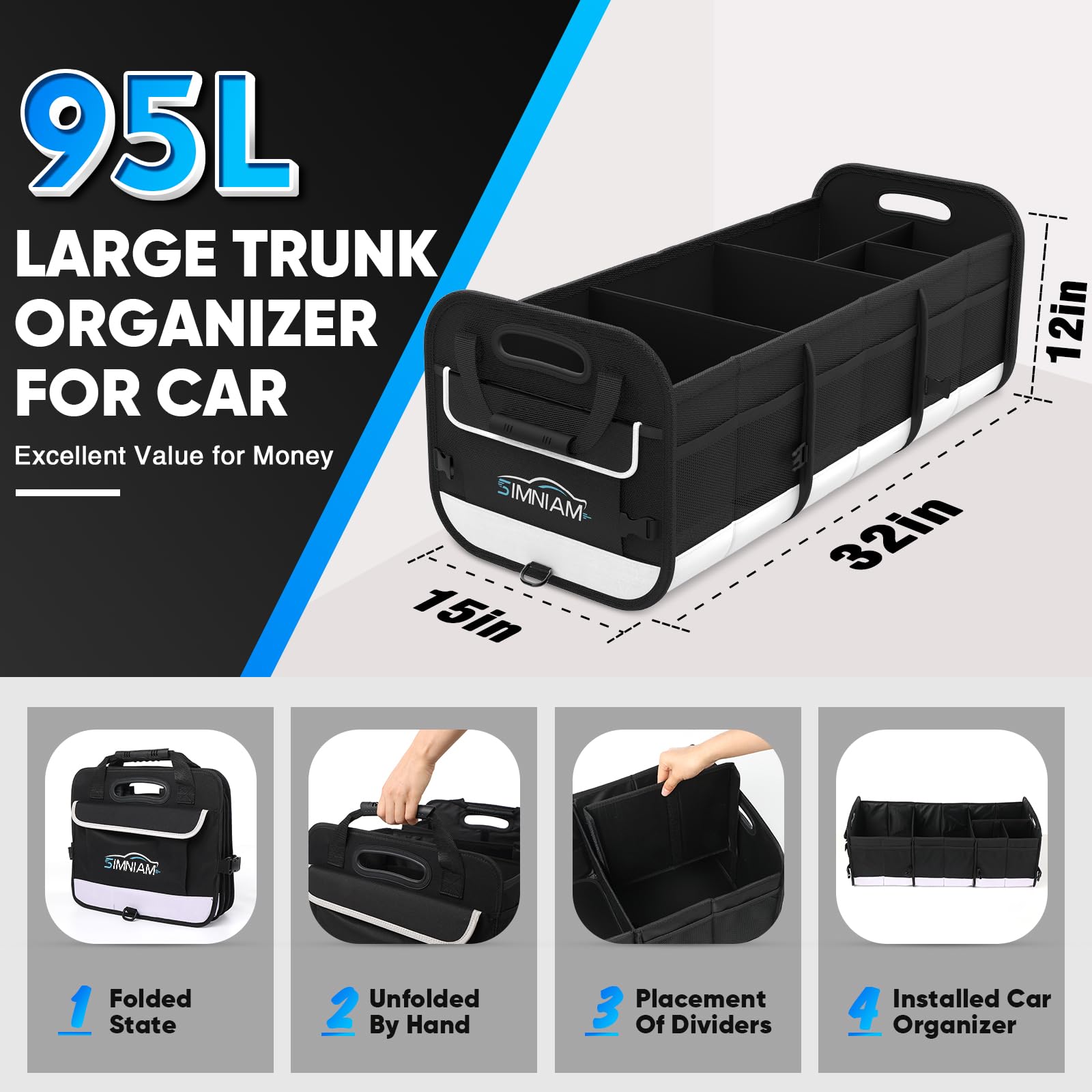 Simniam Large Car Trunk Organizer - 5 Compartments, Reinforced Handle, Securing Straps, Black - Ideal for SUV, Truck, Minivan Storage