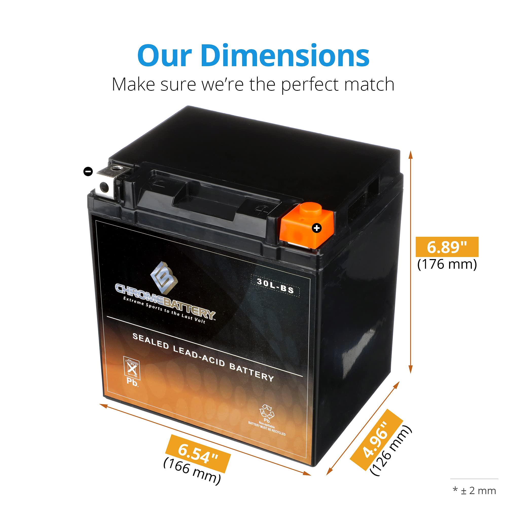 Chrome Battery Ytx30L-Bs Maintenance Free Replacement Battery For Atv, Motorcycle, Snowmobile, And Utv: 12 Volts, 3 Amps, 30Ah,