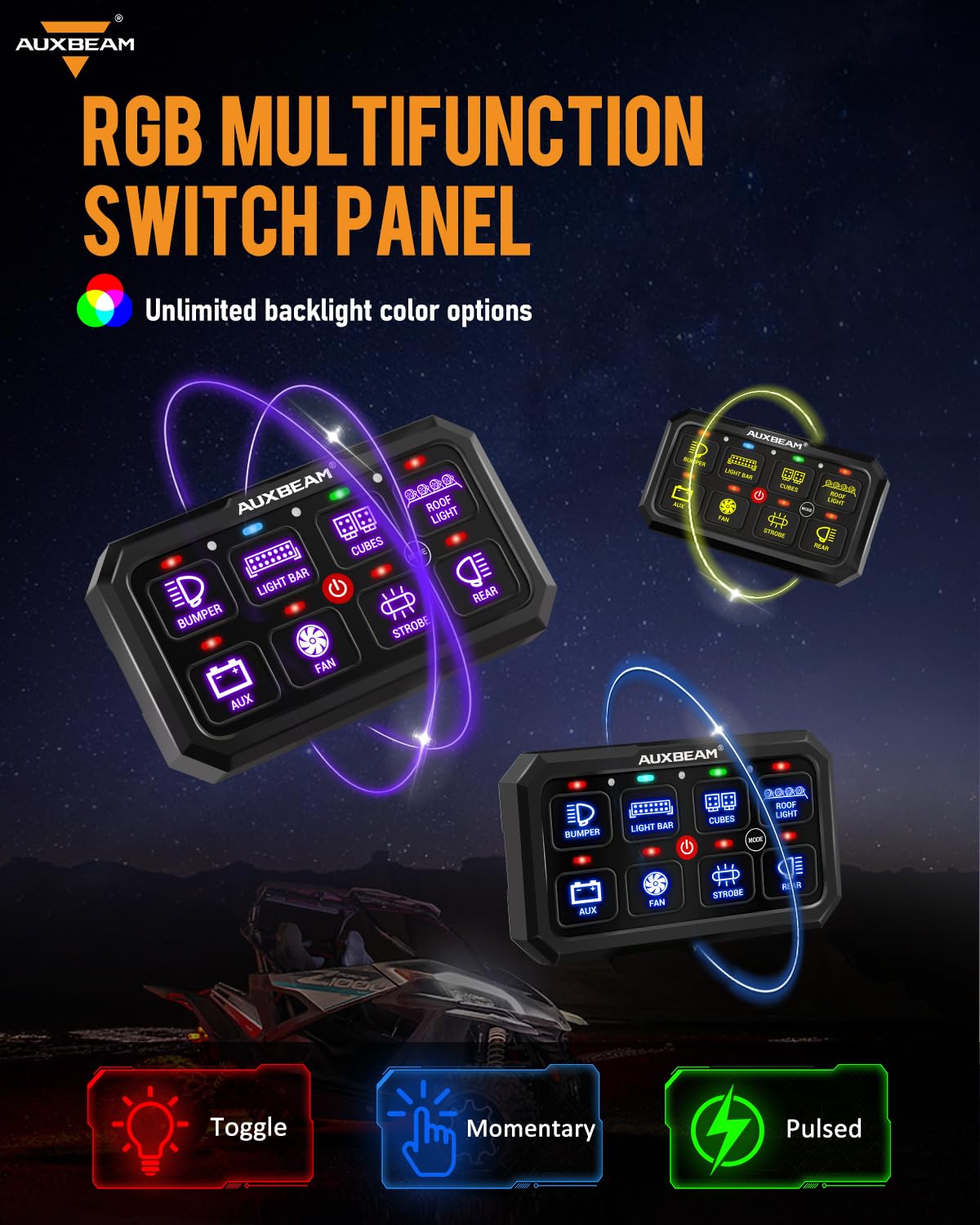 Auxbeam Rgb 8 Gang Switch Panel 5.3 Inch Rb80 Xl With Off Backlight Toggle Momentary Pulsed Switch Pod For Truck Atv Offroad Marine Multifunction Waterproof Circuit Relay System Box, 2 Years Warranty