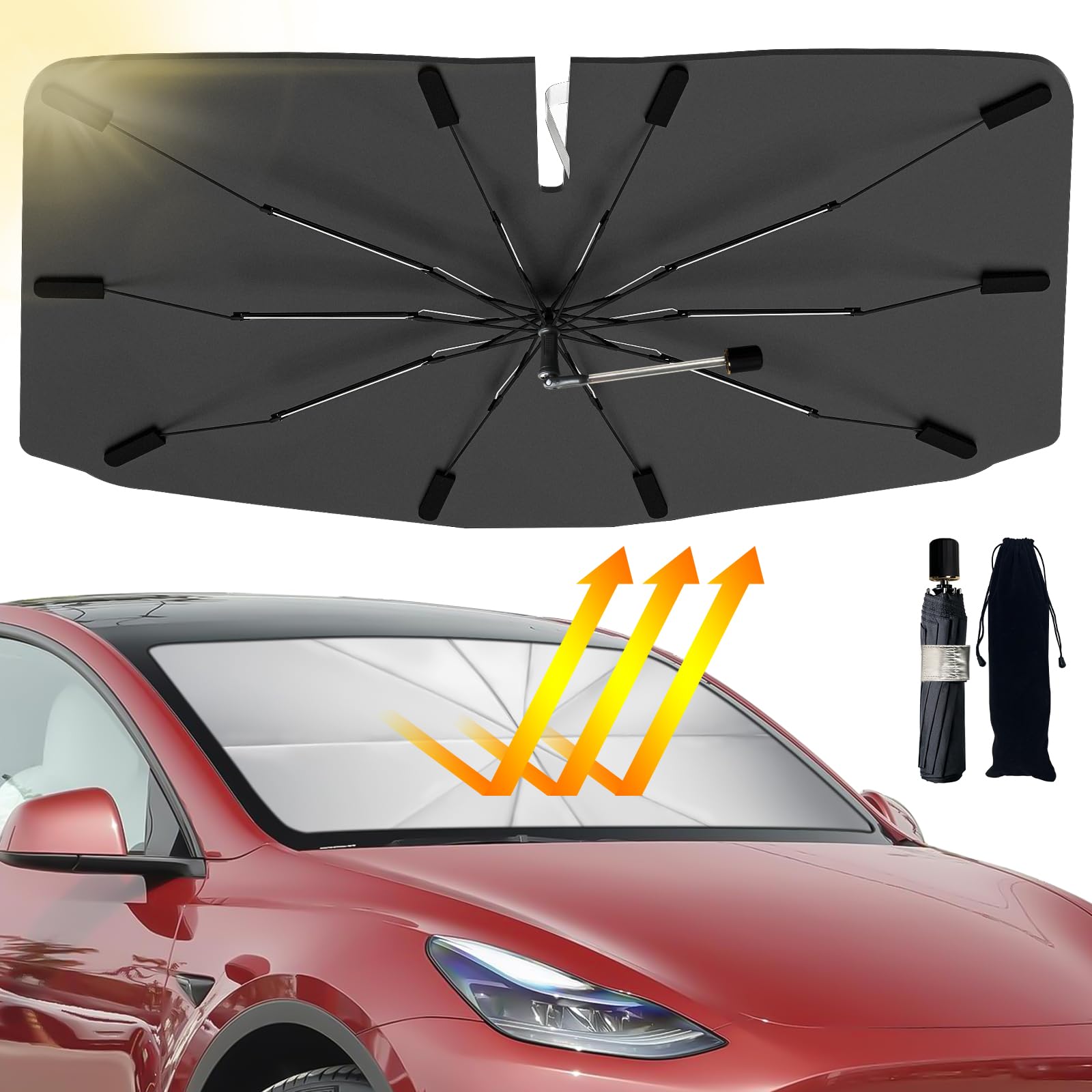 Car Windshield Sun Shade Umbrella, Upgraded Windshield Sunshades with 360 Rotation Bendable Handle, Foldable Automotive Windshie