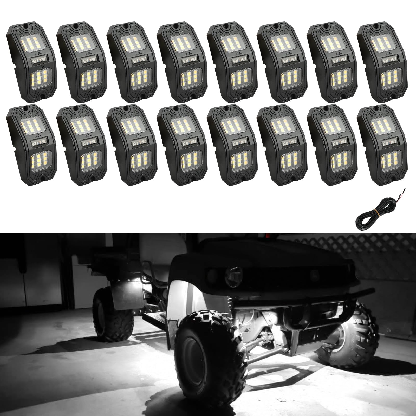 Sunpie 16 Pods Wide Angle Pure White Rock Lights 6000K For Off Road Truck Car Atv Utv Suv Motorcycle Under Body Glow Light Lamp,