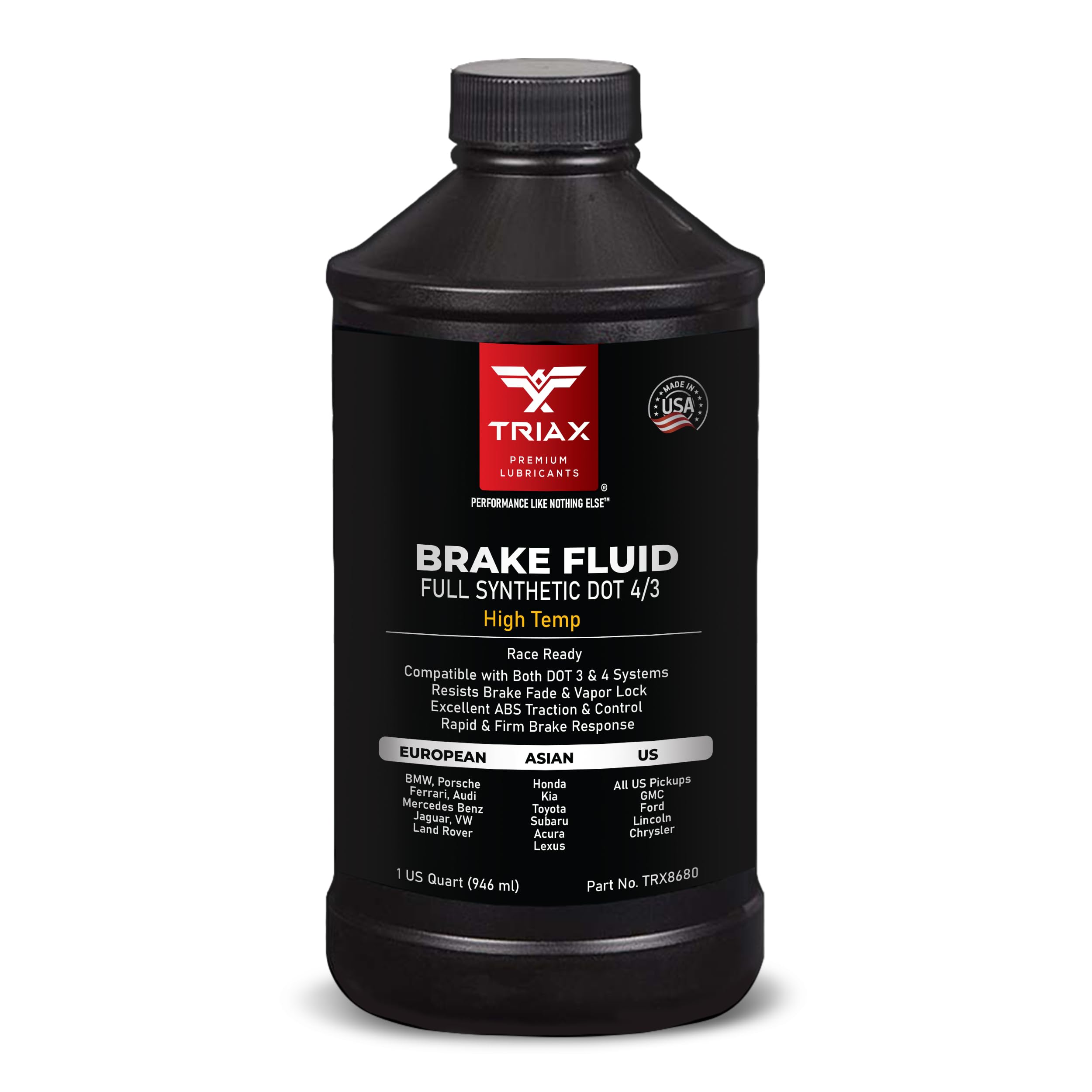 TRIAX Brake Fluid DOT 3&4  Full Synthetic, High Temp, Heavy Duty, AllVehicle, Race Ready  European, Asian, & US Vehicles  Re