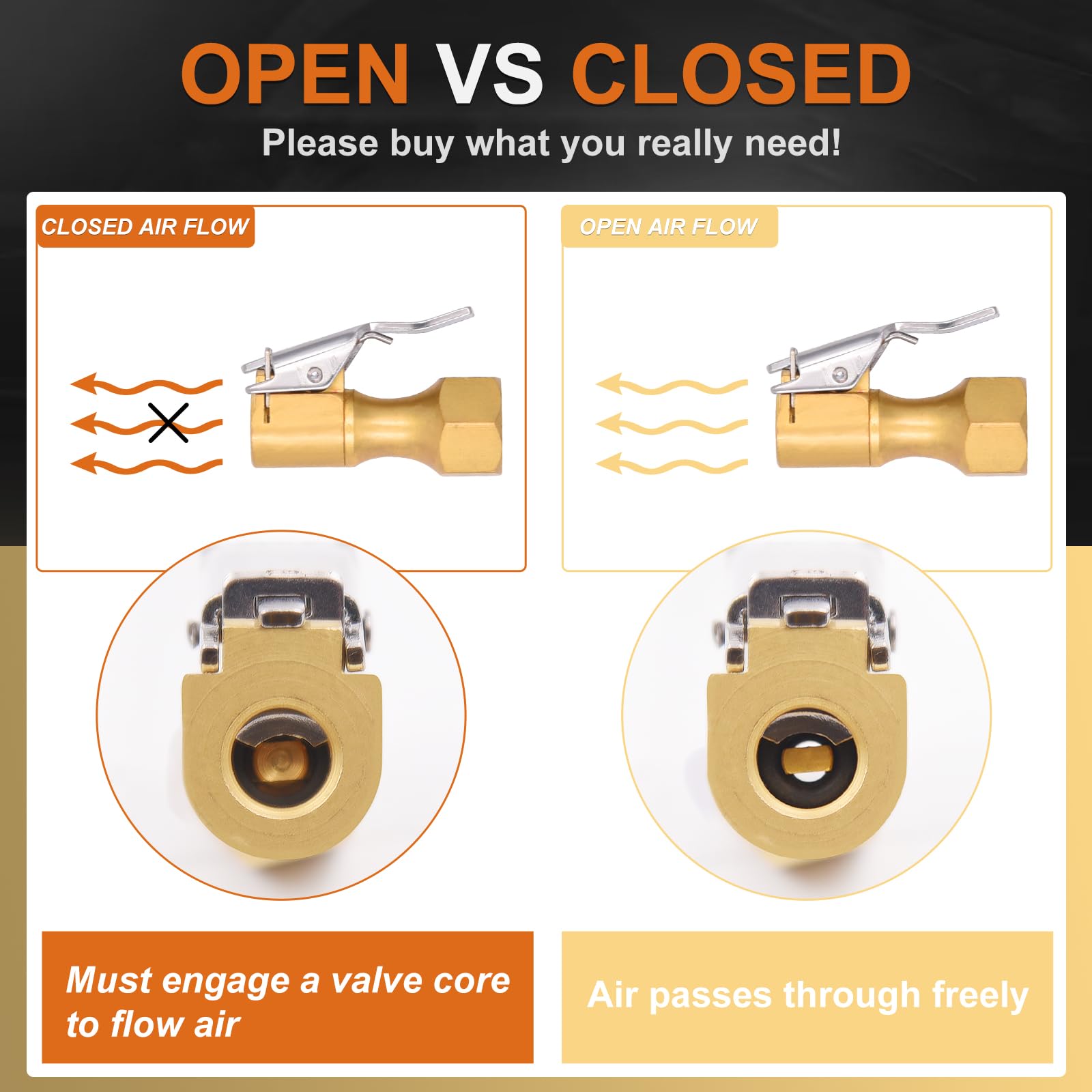 Safelife Brass Air Chuck Closed Flow Tire Chuck Heavy Duty Lock On Tire Inflator Chuck With Clip