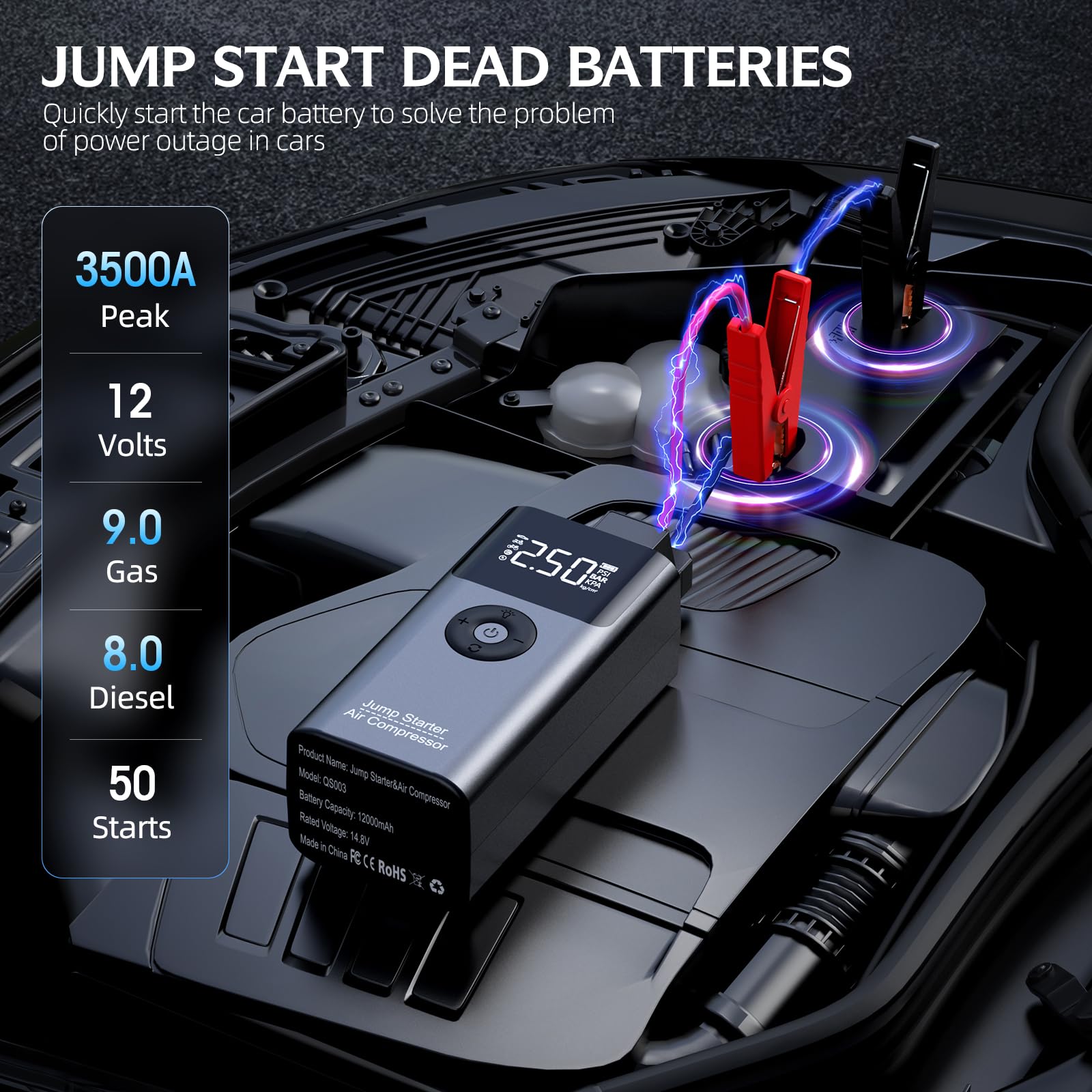 Jump Starter with Air Compressor, LERTIN 3500A 150PSI Portable Car Battery Jump Starter Pack, for Up to 9.0 Gas/8.0L Diesel Engi