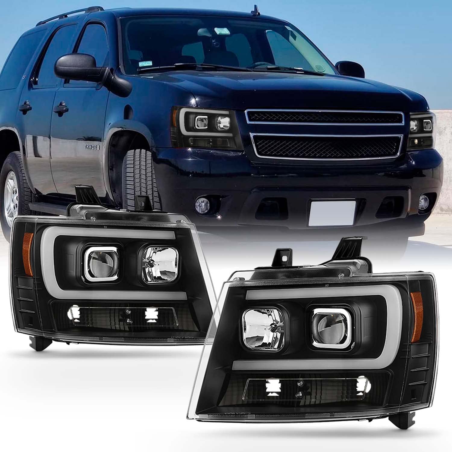 Akkon - Fits 2007-14 Chevy Tahoe Suburban 1500/2500 07-13 Avalanche Projector Led [C-Tube Bar] Black Headlights Pair Left+Right