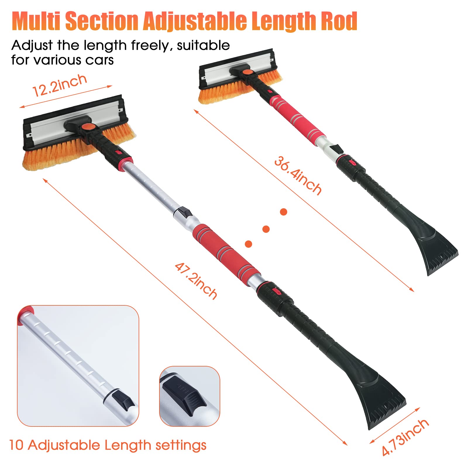 Foval 47.2 '' Extendable Ice Scraper Snow Brush With Squeegee For Windshield Window Car Trucks Suvs, 270 Pivoting Brush Head, Es