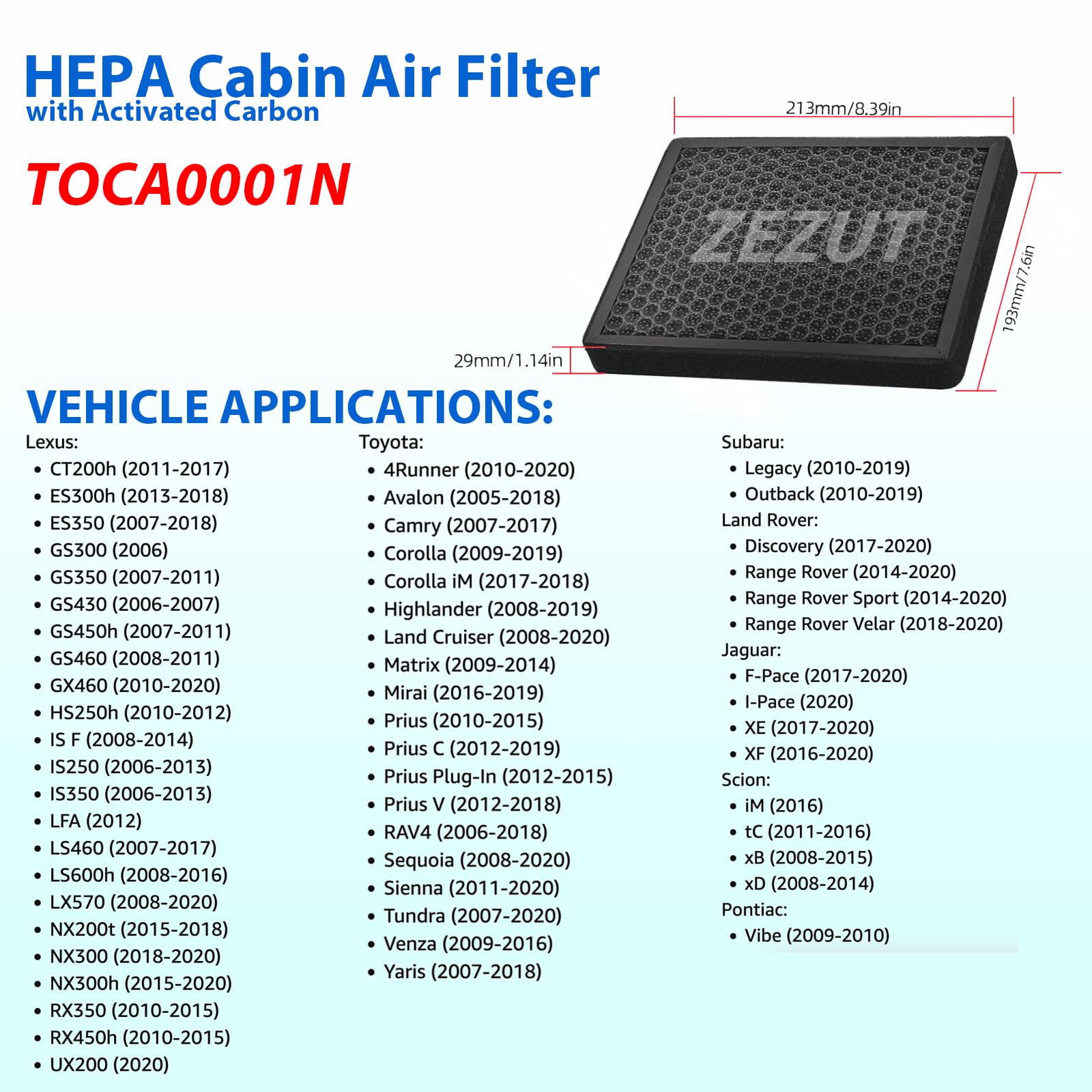 ZEZUT Honeycomb Structured Activated Carbon Cabin Air Filter Replacement for Toyota & Lexus Vehicles (Replacement for CP285/CF10