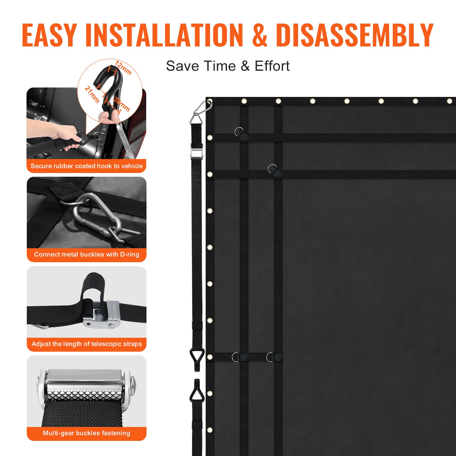 VEVOR Waterproof Cargo Net, 120 in x 105 in, Heavy Duty Truck Cargo Net-(WLL) 700lbs, 4 Adjustable Straps with Carabiners & S-Ho