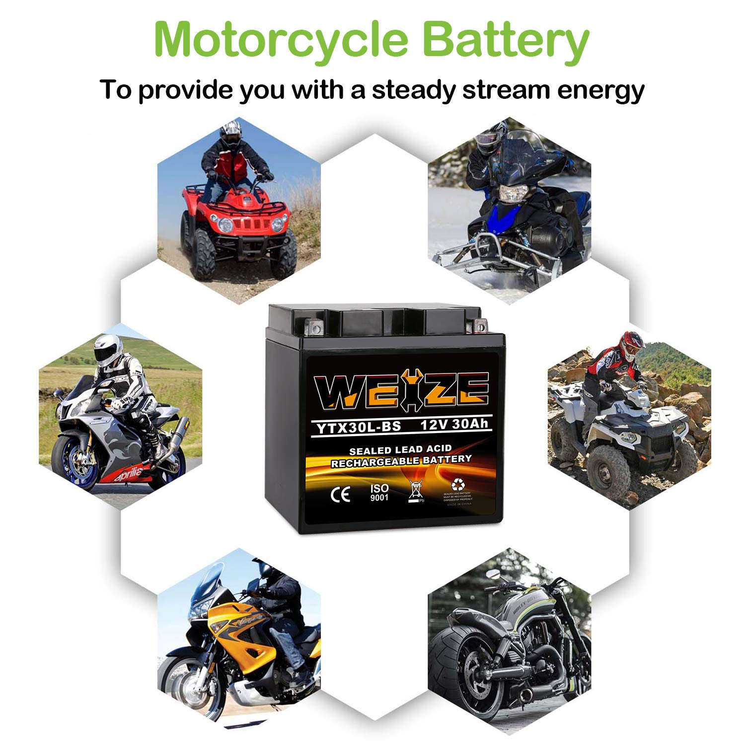 Weize Ytx30L-Bs Battery Replacement Yuasa Yix30L Motorcycle Battery - Factory Sealed - Maintenance Free - High Performance Etx30