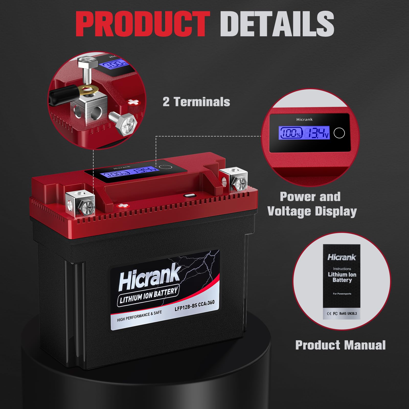 Hicrank YT12B-BS Lithium 12V 6Ah 360CCA LiFePO4 Motorcycle Battery, Powersports Battery for Scooter, ATV, UTV, Jet Ski, Personal