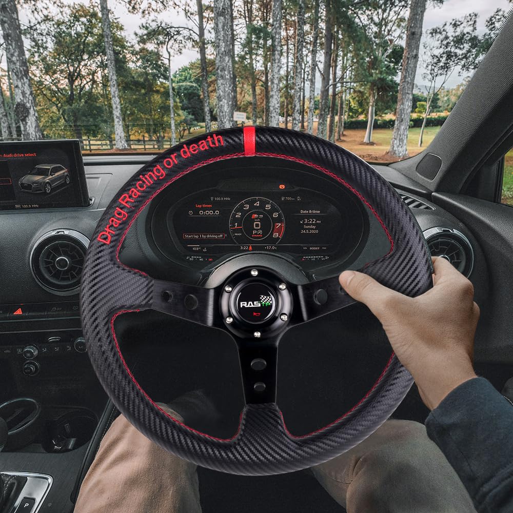 RASTP Deep Dish Steering Wheel,PU Carbon Fiber Racing Steering Wheel,345mm 6 bolt Steering Wheel(Universal)
