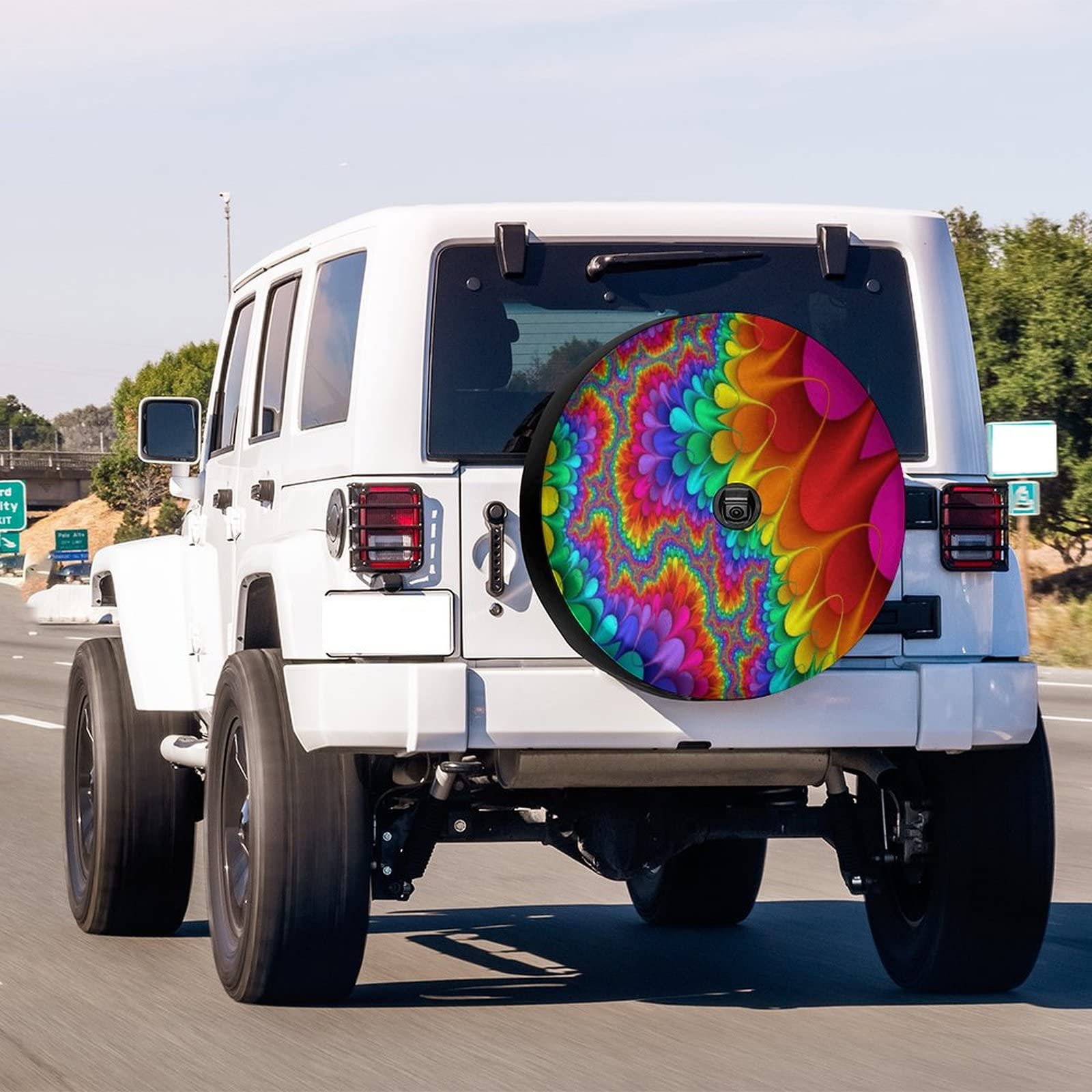 Foruidea Tie Dye Abstract Rainbow Color Spare Tire Cover with Backup Camera Hole Wheel Tire Cover Fit Trailer, RV, SUV and Many