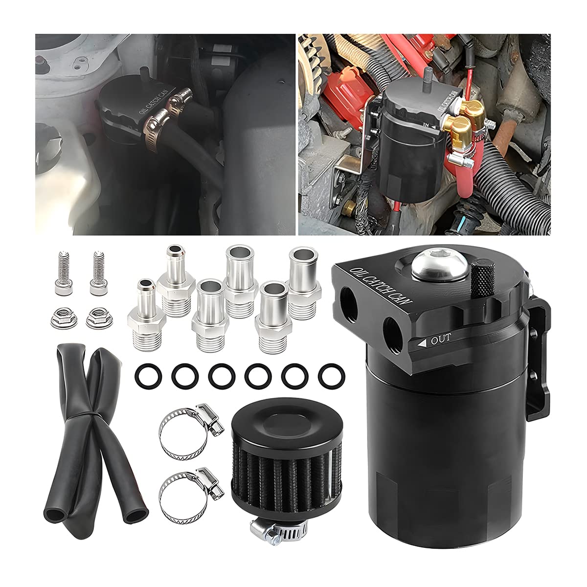 AICEL Baffled Oil Catch Can Kit, Aluminum Polish Baffled Car Oil Separator Catch Can with Fuel Line Hose Kit, Car Accessories 30