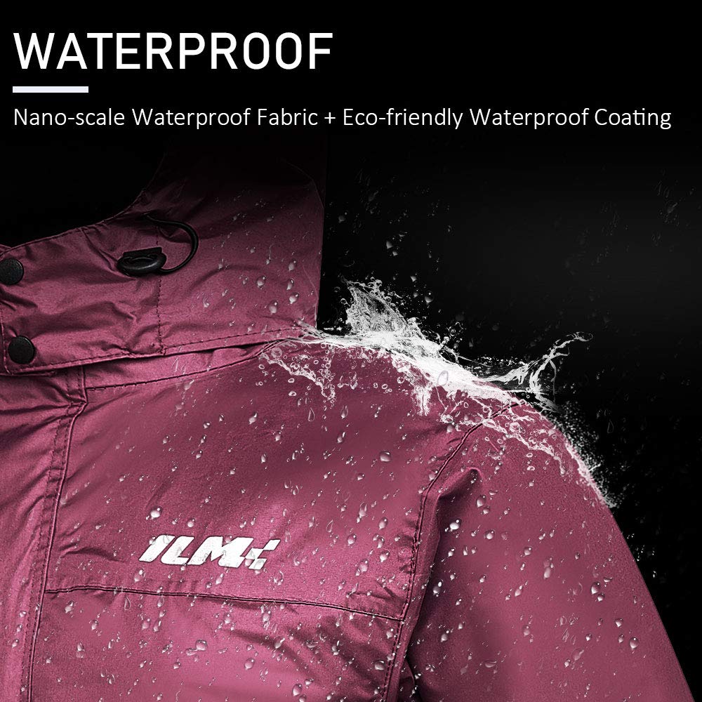Ilm Motorcycle Rain Suit For Women Waterproof Wear Resistant Protective Rain Gear 6 Pockets 2 Piece Set With Jacket And Pants Model Rs02-Women (Large, Wine Red)