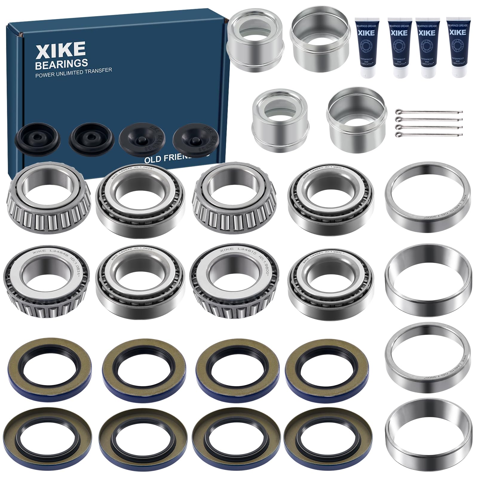 XiKe 4 Set Fits 1-1/16 inch Axles Trailer Wheel Hub Kit, L44649 L44610 Bearings, 12192TB, 15192TB /34823, 10-60 Seal, OD 1.98