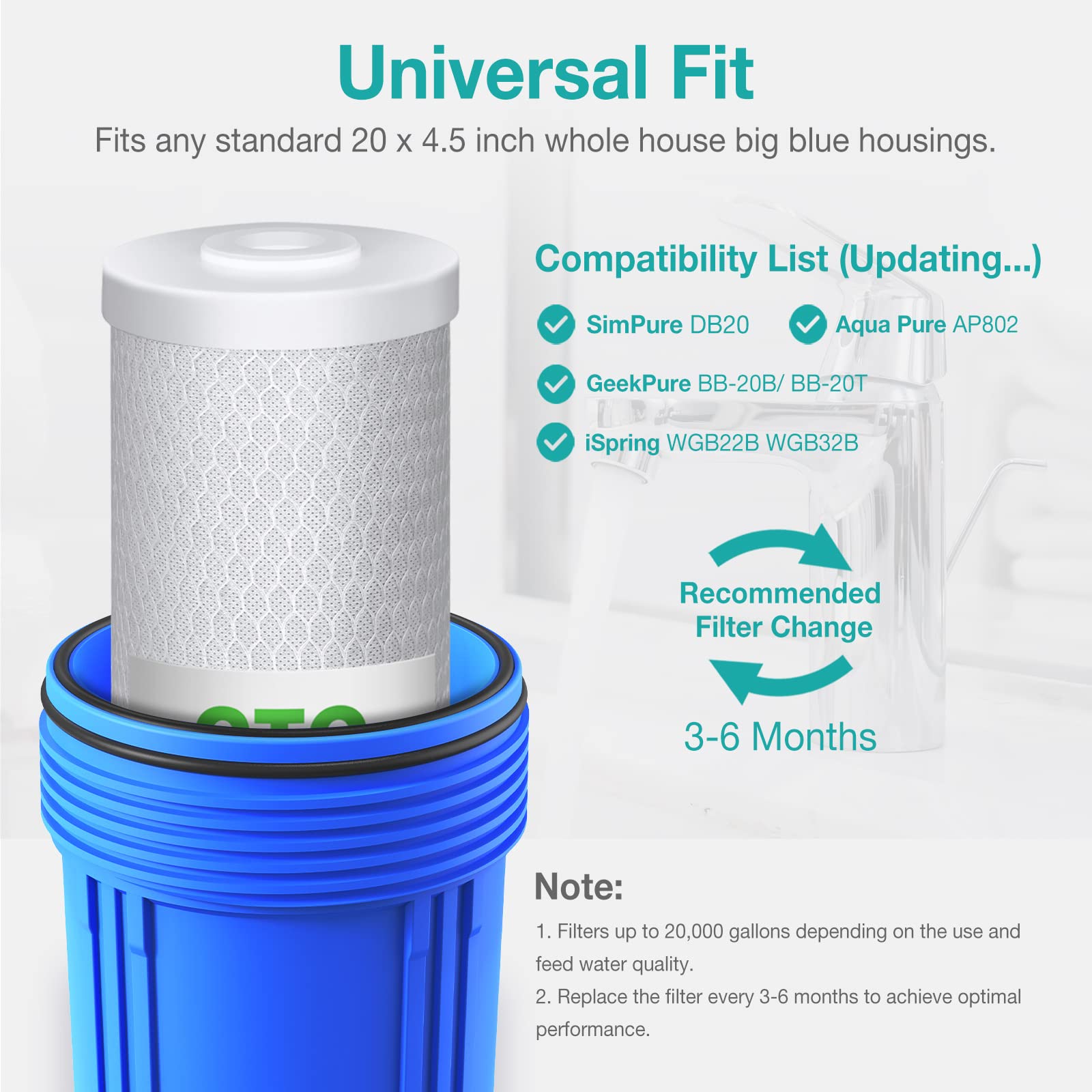 Simpure 20 X 4.5 Inch 5 Micron Big Whole House Water Filter | Cto Activated Carbon Filter Replacement Cartridge Coconut Shell Ch