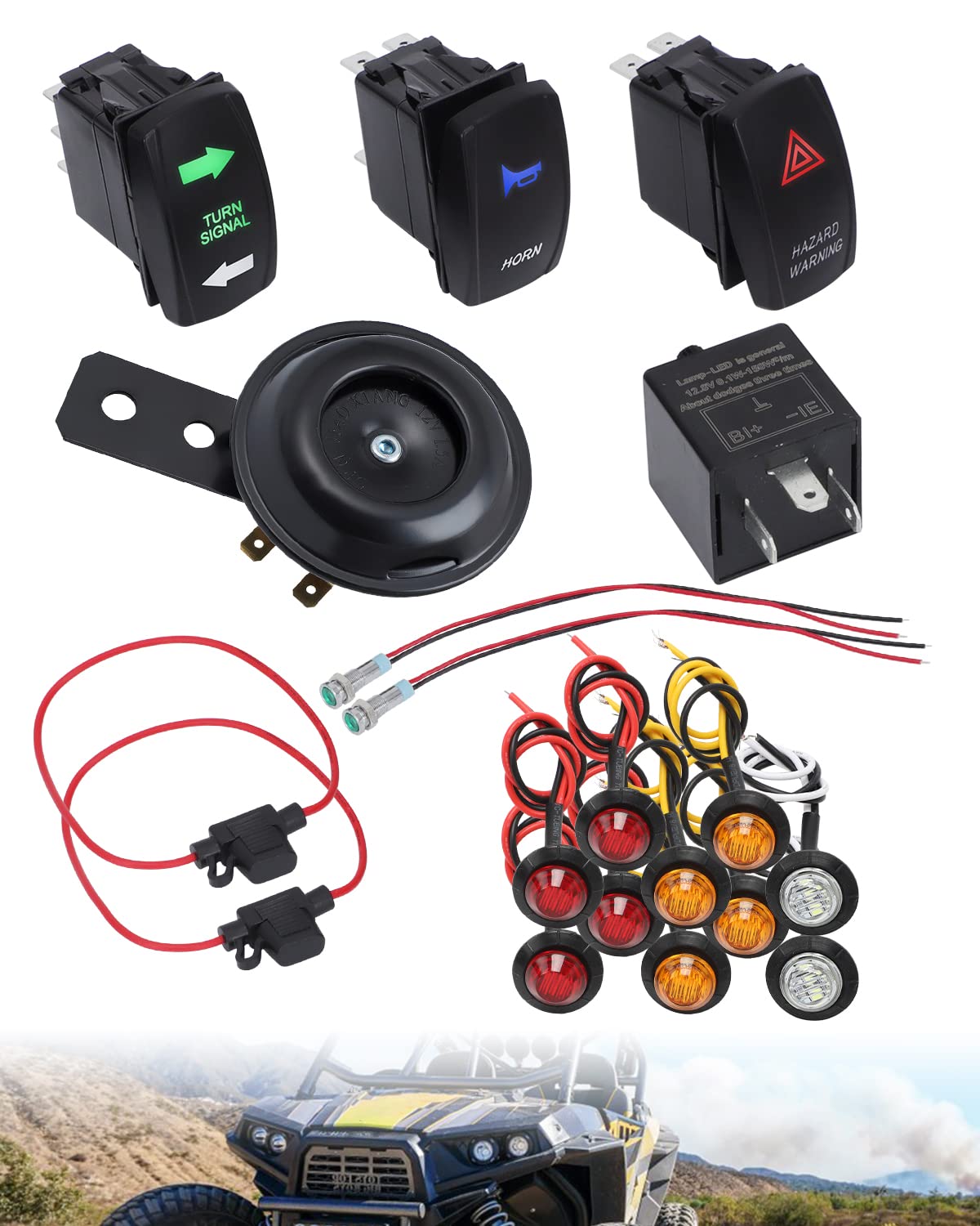 Foruly Universal Utv Turn Signal Kit, With Street Legal Kit Turn Signal Light Horn Flasher Relay. Side By Side Turn Signal Kit For Atv Sxs Polaris Dirt Bike Rzr Can-Am Kawasaki Golf Cart Dune Buggy