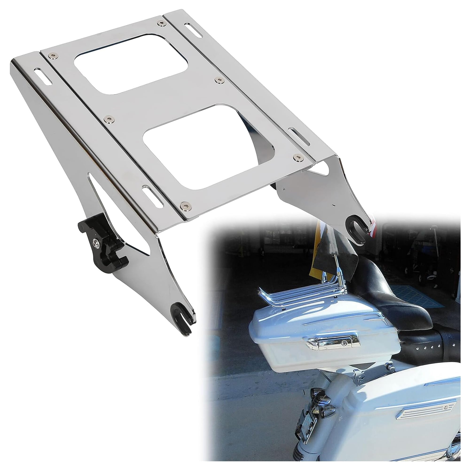 Ecotric 2 Two Up Tour Pack Mounting Rack Compatible With Harley Davidson Touring 2014-2024 Road King Street Glide Road Glide Electra Glide Detachable Mount Luggage Rack (Chrome)