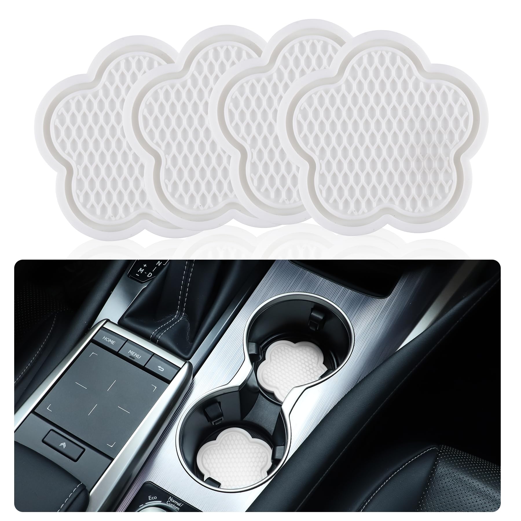 GaRhomxy Universal Non-Slip Cup Coaster, 4pcs Flower Shaped, Crystal White Interior Car Accessories