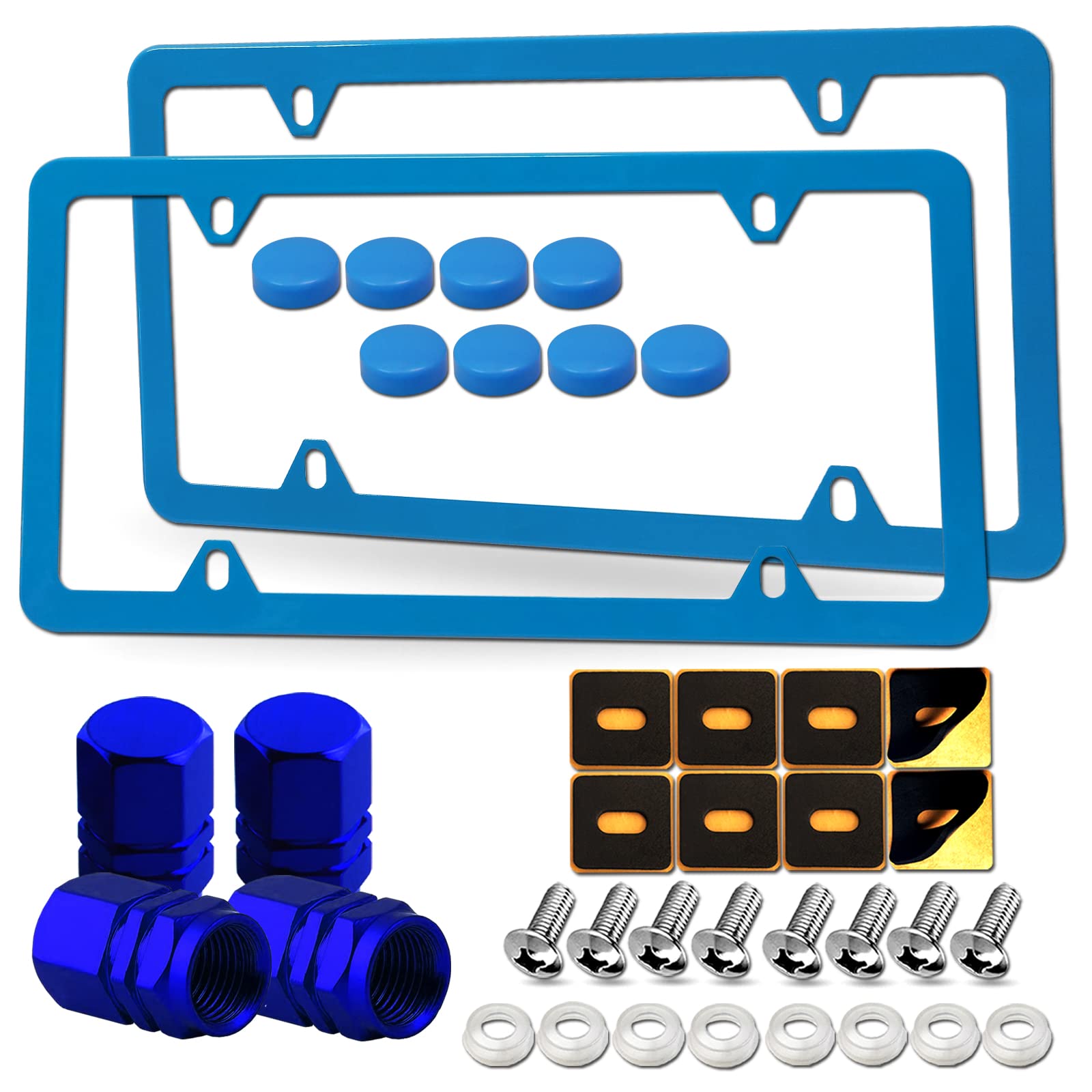 Youoy Blue License Plate Frames- Aluminum Front & Rear Car Tag Covers For Men Women, 2 Pack 4 Hole Thin Slim Holders With Mounting Hardware Kit- Stainless Steel Screws, Rattle Proof Pads