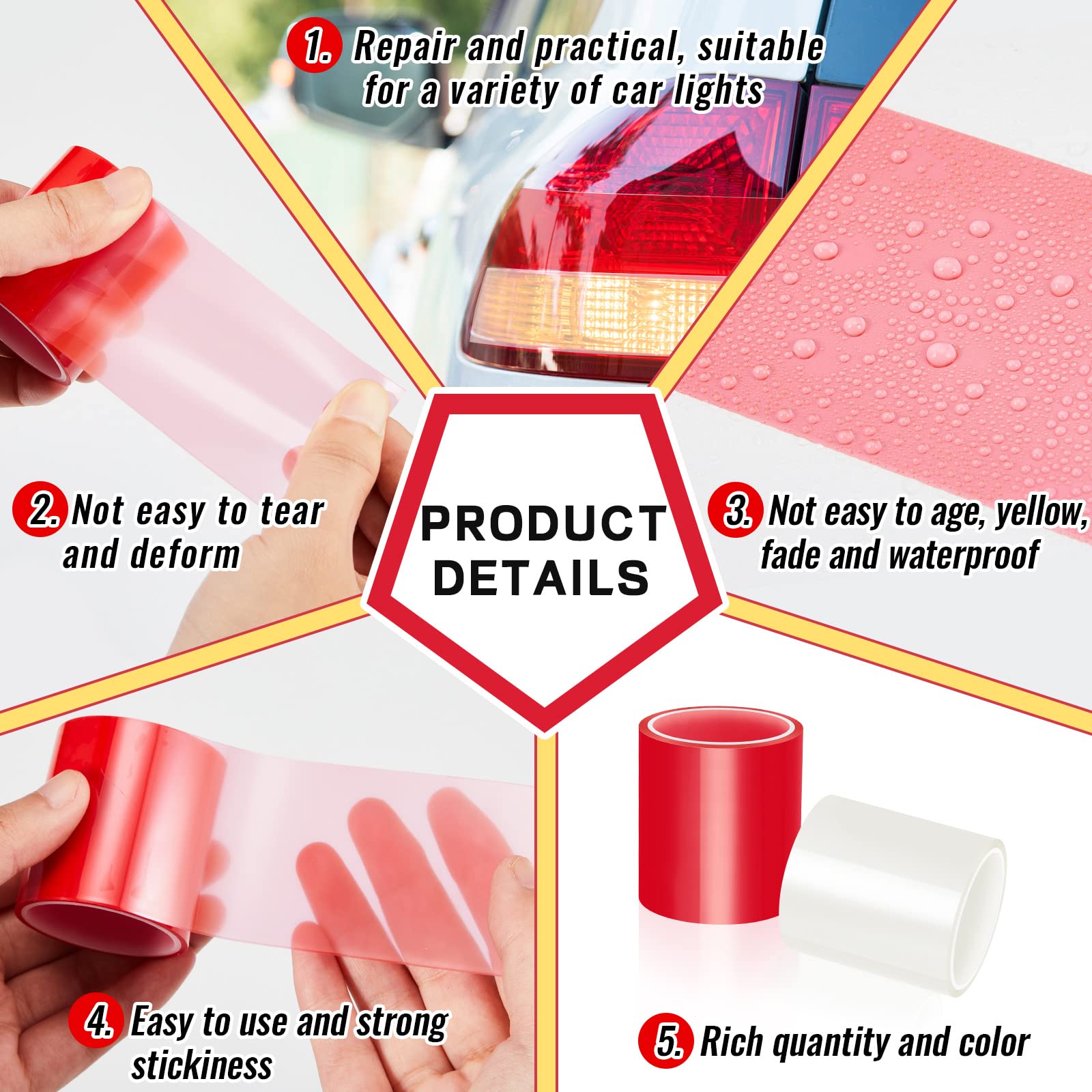 16.4 ft x 2 Inches Self Adhesive Repair Light Tape Auto Tail Light Tape Fog Lights Tint Tape Headlight Lens Tape (Red, Clear, 2