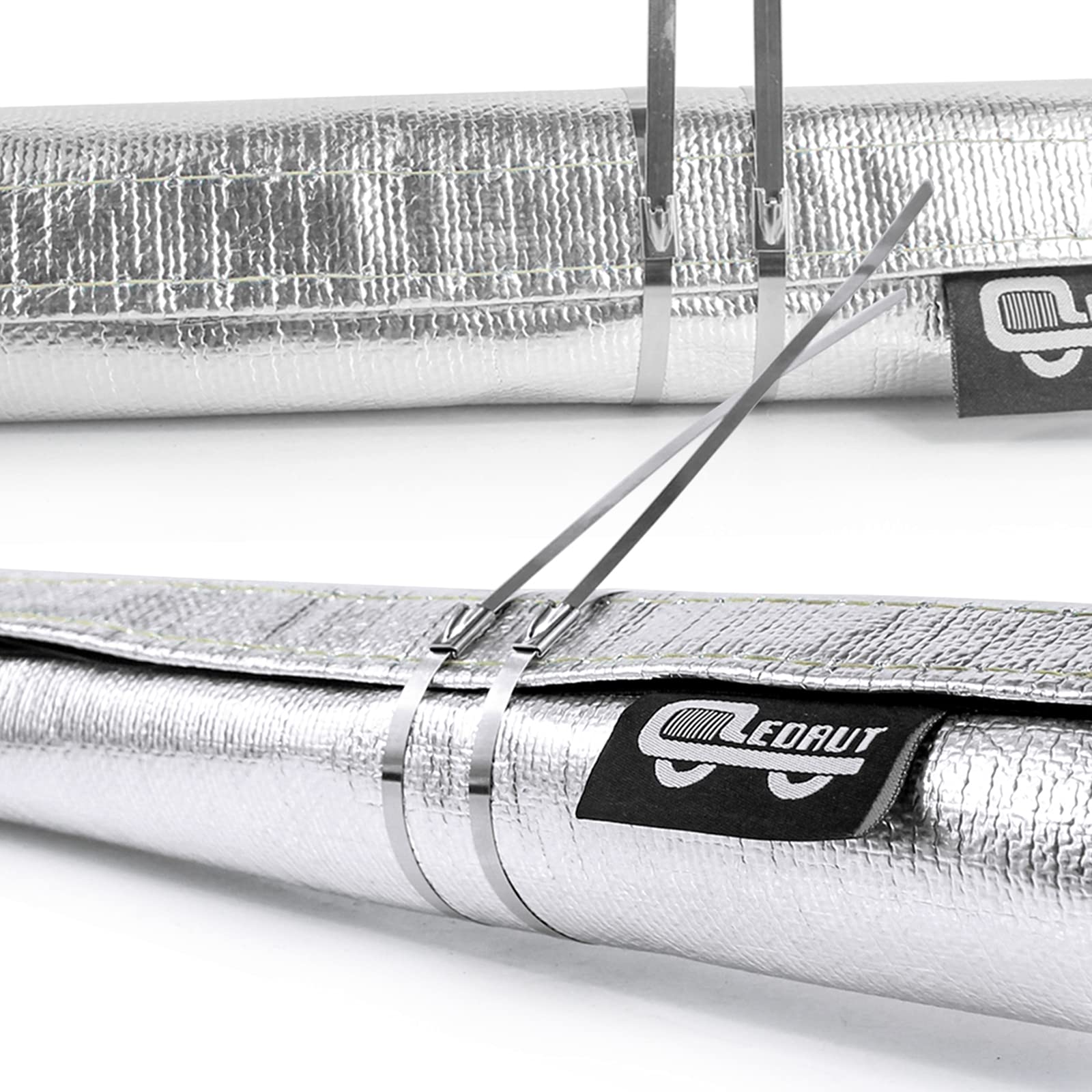 Heat Shroud Sleeve Aluminized 2 Pcs For Ultimate Heat Protection Hose Wire Shield 1-1/2''I.D. X 10Ft, With 20 Pcs 7.8Inch Stainless Steel Cable Metal Zip Ties