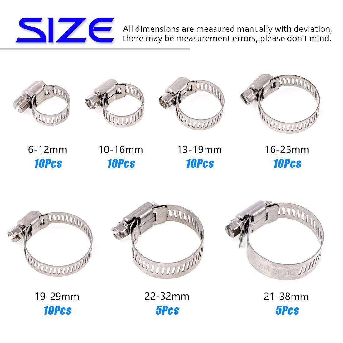 Swpeet 60Pcs Assorted Sizes Hose Clamps Kit, 304 Stainless Steel Adjustable 6-38Mm Range Worm Gear Hose Clamp Perfect For Plumbi