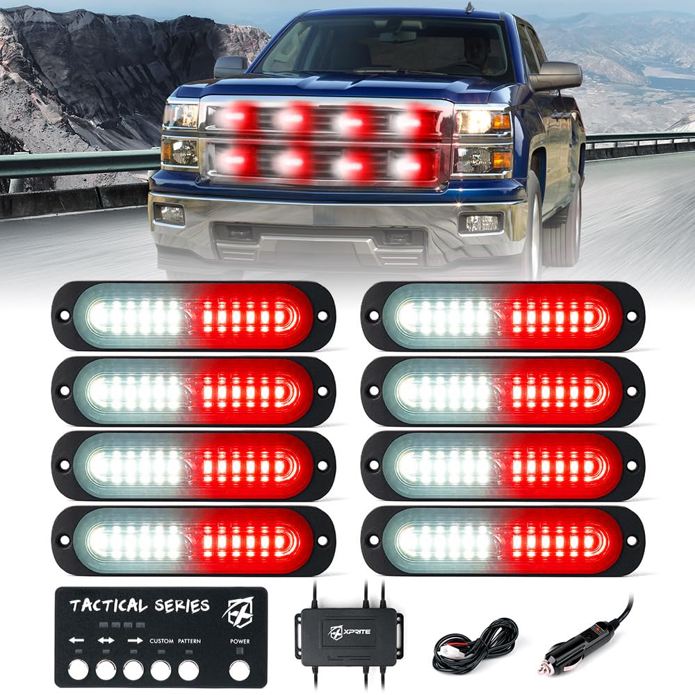 Xprite White Red Led Surface Mount Strobe Lights Kit, W/Control Panel Emergency Safety Warning Flashing Grille Cop Marker Light